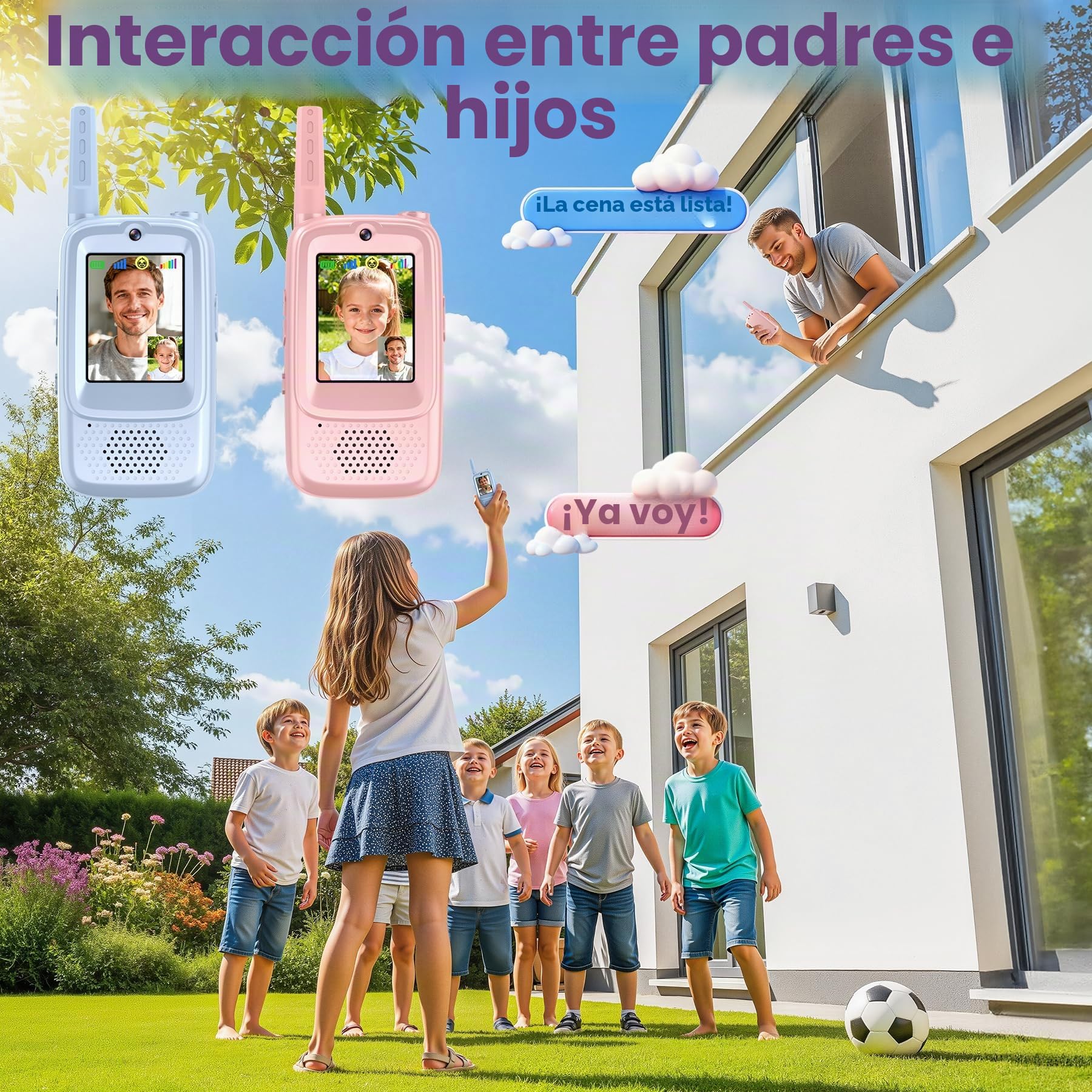 Pourbibi Walkie Talkie Niños Recargable,Walkie-Talkies con Pantalla, Alcance de 400 Metros y 4 Efectos de Voz, Juguete para Niños de 3 a 12 Años, Ideal para Exteriores y Acampadas, Alto Rendimiento.