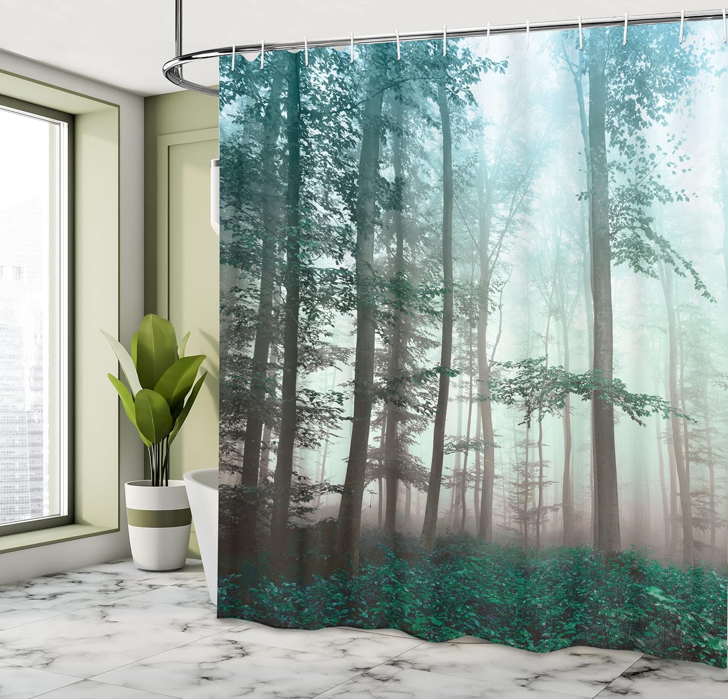 Ambesonne Forest Shower Curtain, Autumn Season Mystic Foggy Fall Nature and Enchanted Woods Wild Trees Print, Cloth Fabric Bathroom Decor Set with Hooks, 69" W x 84" L, Night Seafoam