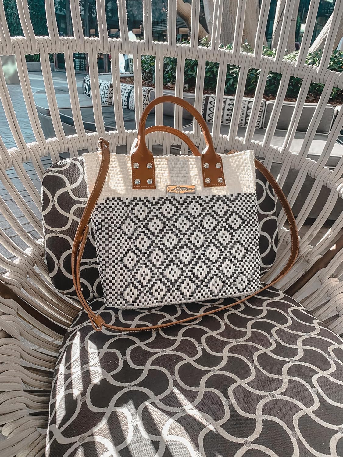 Tin Marin White Large Woven Crossbody Bag - Tan Leather Handles & Crossbody Strap, Handwoven Recycled Plastic Purse, Oaxaca Mexican Woven Tote, Summer Bag, Work Bag, Everyday Purse