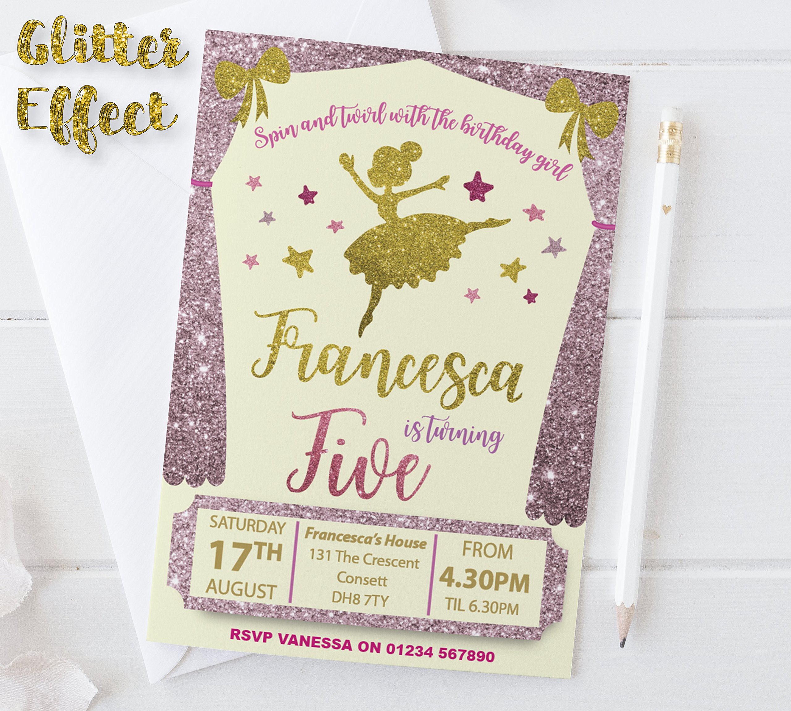 Personal Moments 10 PERSONALISED BALLERINA PRINCESS GLITTER BIRTHDAY PARTY INVITATIONS INVITES