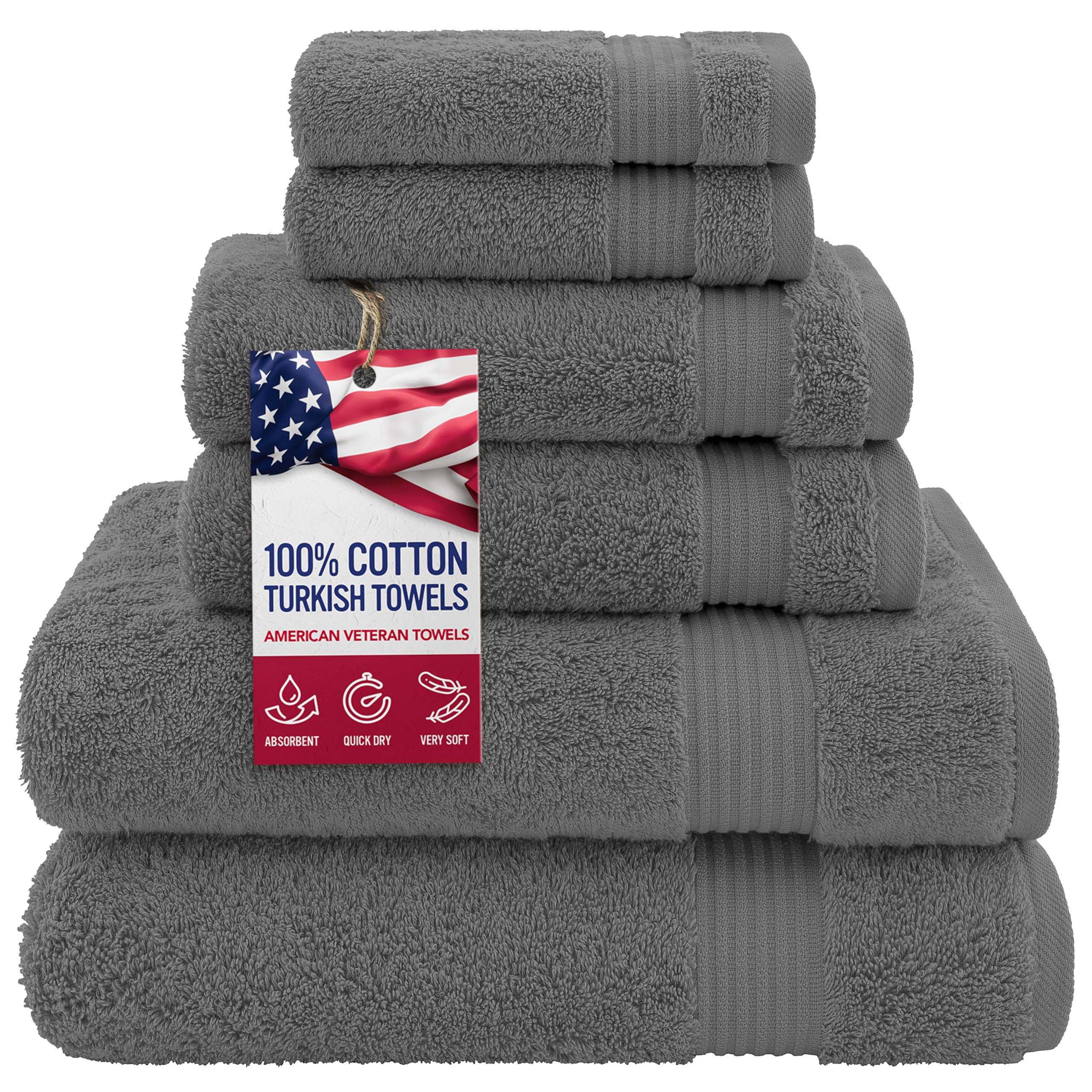 Hotel & Spa Quality Super Absorbent & Soft, Cotton, 6 Piece Turkish Towel Set for Kitchen & Decorative Bathroom Sets Includes 2 Bath Towels 2 Hand Towels 2 Washcloths, Charcoal Grey