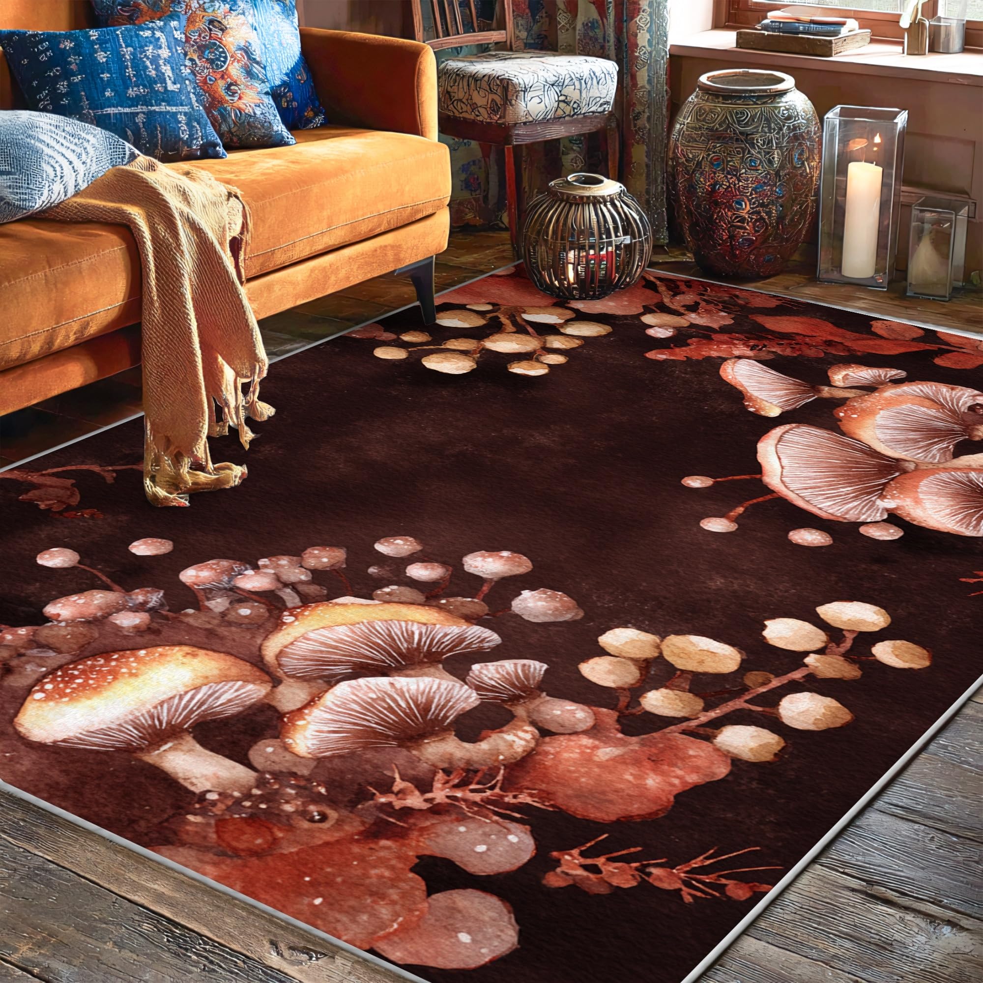 Tapis de sol rectangulaire motif champignons pour une ambiance automnale