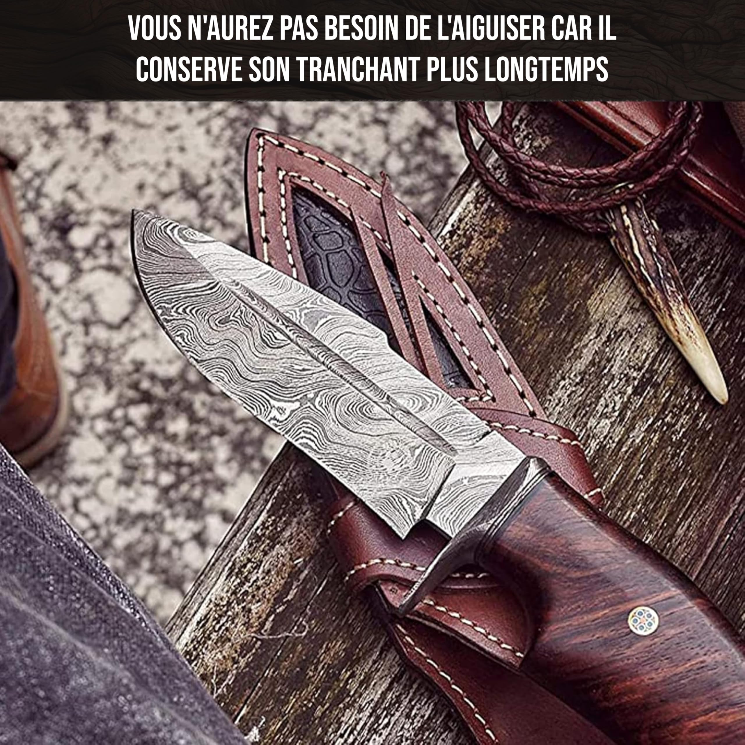 BIGCAT ROAR Beast - Couteau Artisanal en Acier Damas 25,4 cm - Manche Bois de Noyer et Étui Cuir Véritable - Camping - Cadeau Aventurier ou Collectionneur