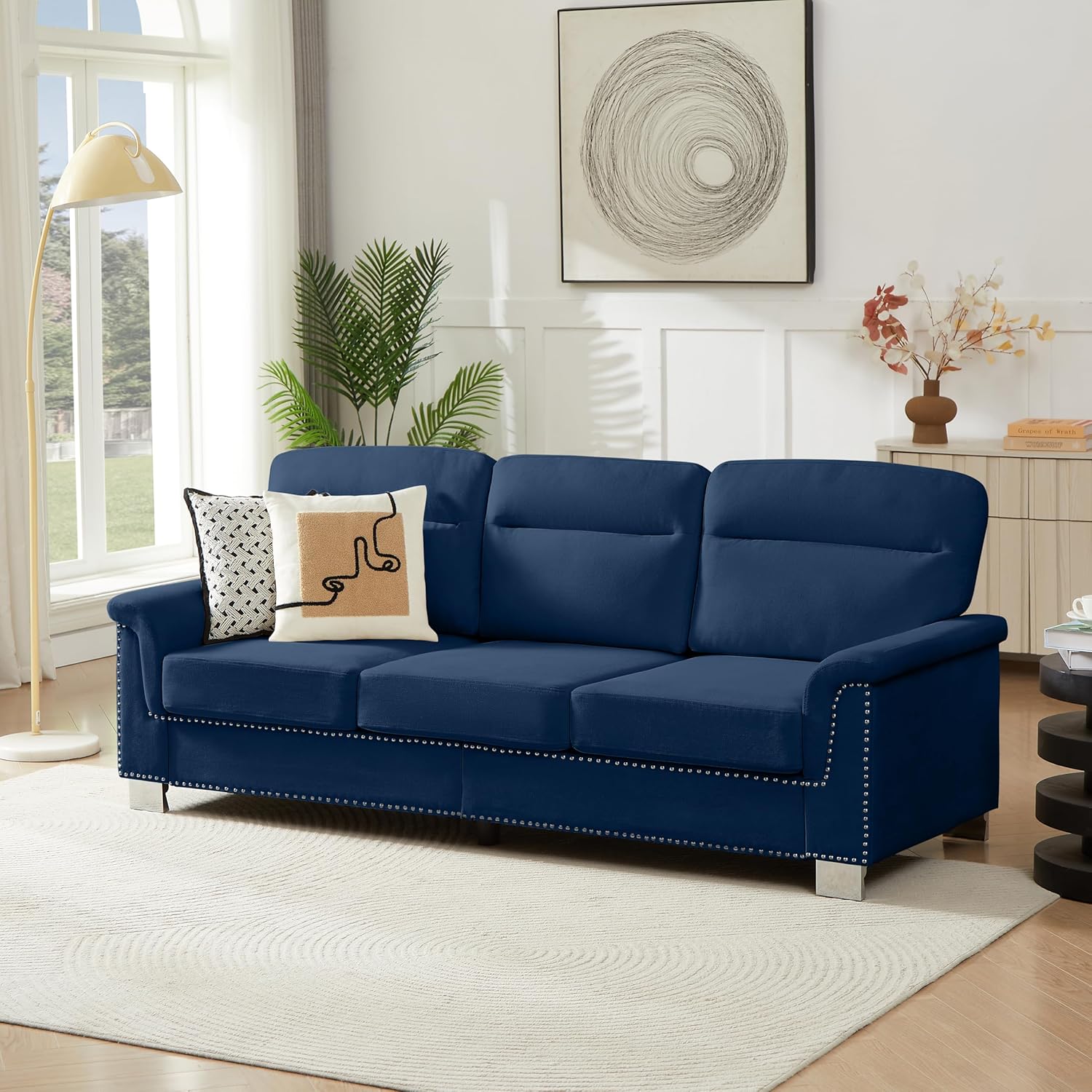 Su & Chan Legence Blue Boneless Couch, 3-Seater Sofa with Removable Cushions, Nailhead Trim, Contemporary Style for Living Room, 84.2''L x 30.3''W x 34.6''H