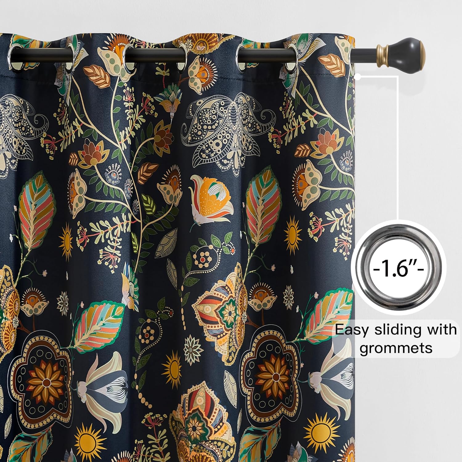 XiDi Navy Blue Vintage Floral Patterned Blackout Curtains Boho 84 Inches Long for Living Room Bedroom 2 Panels Thermal Insulated Luxury Modern Dark Botanical Printed Curtains Grommet Drapes 52x84