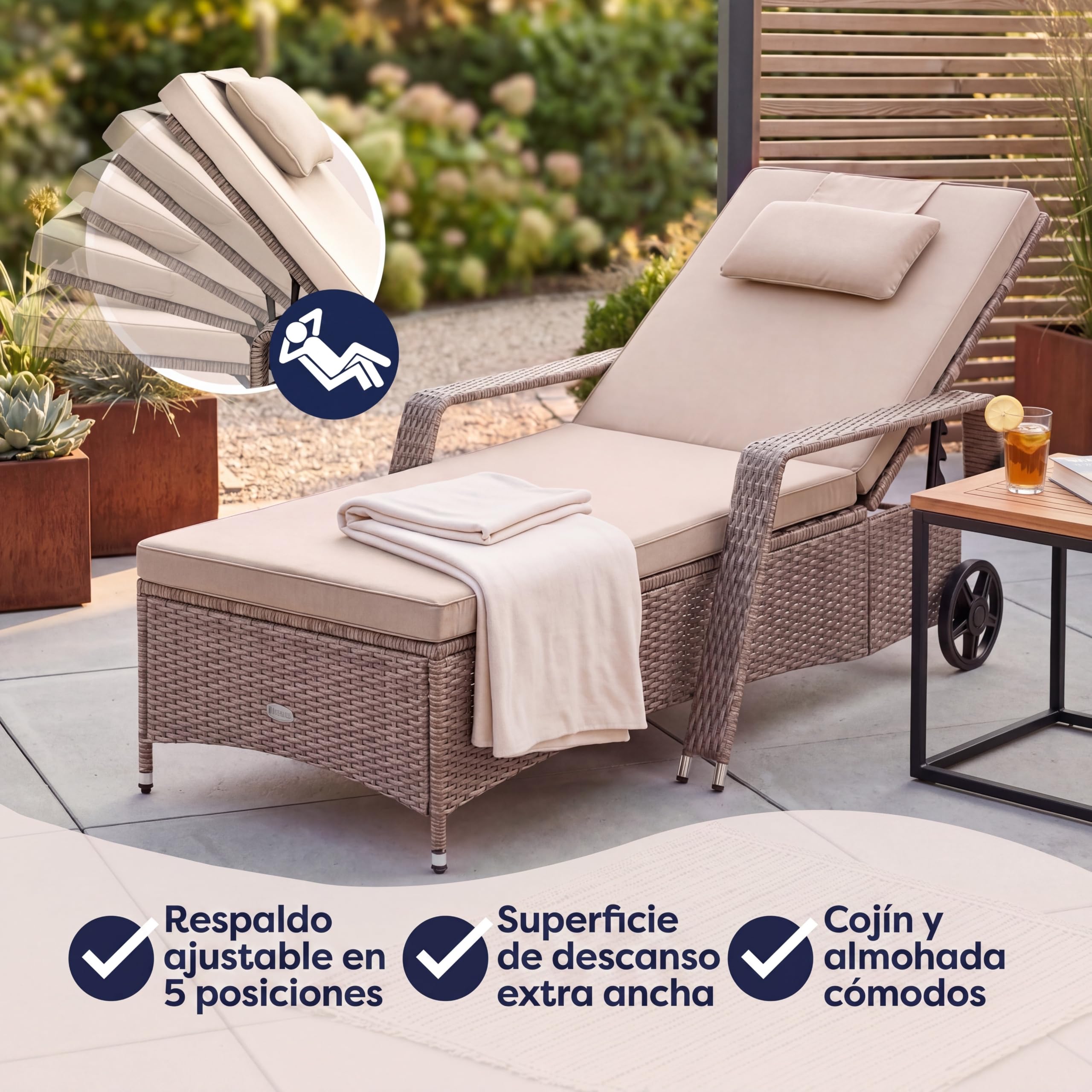 CASARIA® Tumbona Jardín Poliratán hasta 160kg 193x90cm Respaldo Regulable Acolchado 7cm Cojín 2 Ruedas Crema | Tumbona de jardín, resistente a la intemperie, soporta 165 kg, terraza, balcón, tumbona reclinable, polirratán
