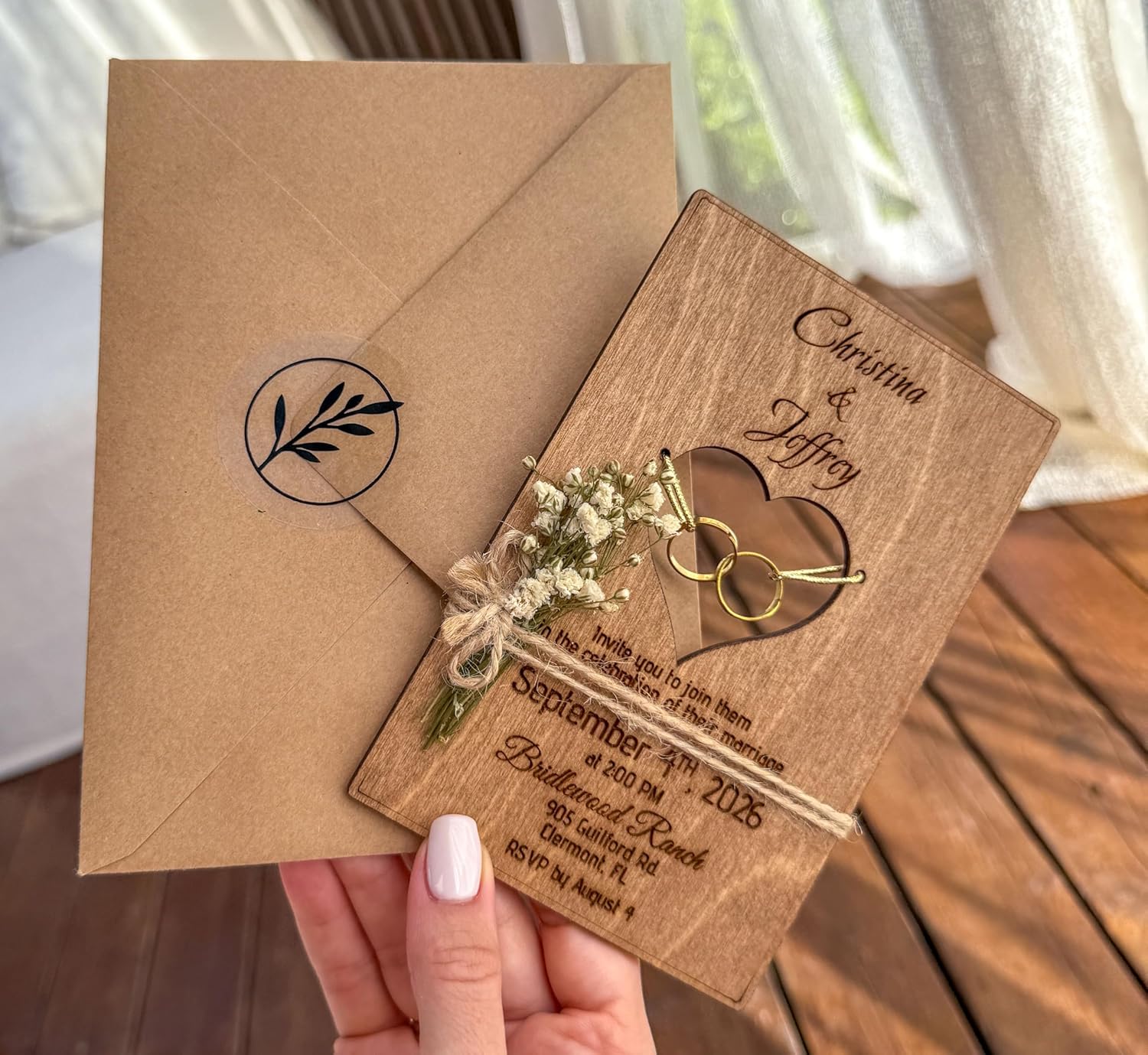Wood Wedding Invitations with Envelopes, Engraved Heart Cutout with Gold Brass Rings, Dried Flowers & Stickers – Personalized Wedding Invitations