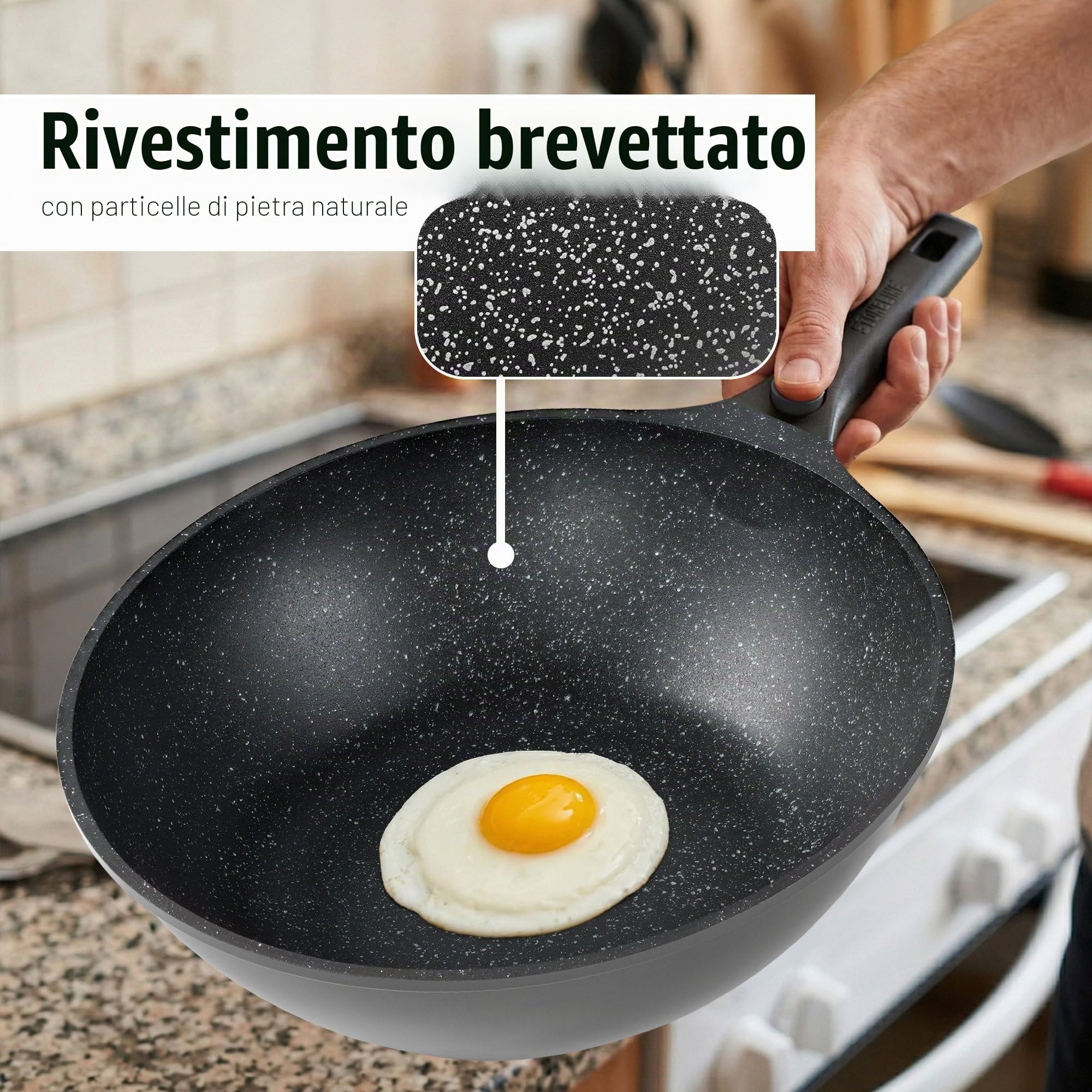 STONELINE SMART Padella Wok 30 cm, 4,8 L Padella Induzione Grande con Coperchio, Manico Removibile, Alluminio Pressofuso, Tutti Piani Cottura, Antiaderente con Vere Particelle di Pietra, Grigio