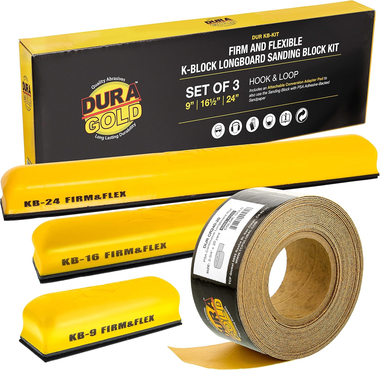 Dura-Gold Pro Series K-Block Sander Firm & Flex Hand Sanding Block Kit with Hook & Loop Backing and PSA Adapter Pad & 240 Grit Sandpaper Roll