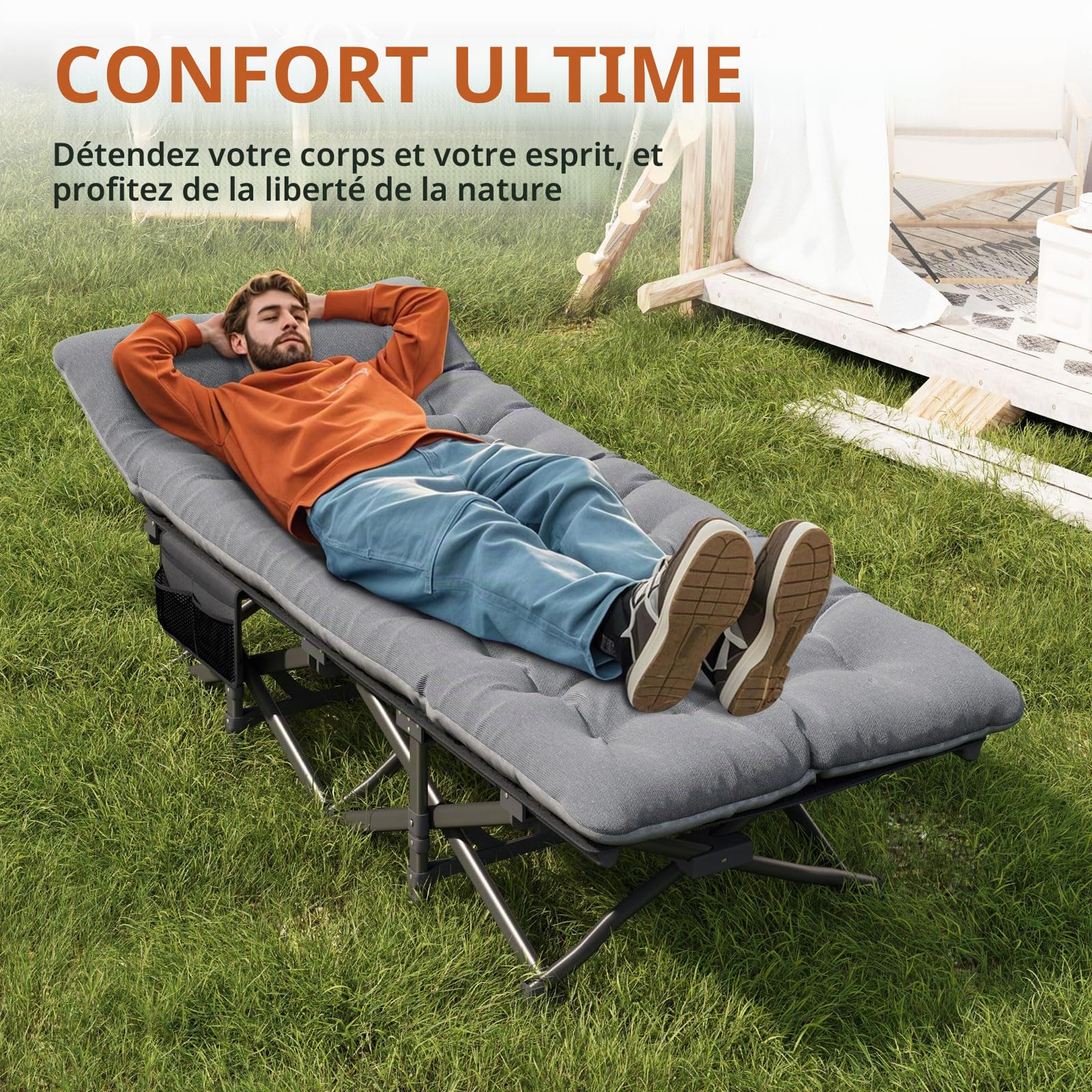 ATORPOK SHOP Lit de camping lit de camp pliable, Lit d'appoint pliable jusqu'à 200 kg, avec poche latérale, chaise longue de camping portable, extérieur, jardin, voyage, camping, intérieur (gris)