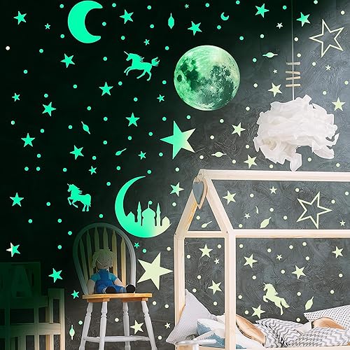 Miniatura 2 de Moon and Star Castle - Calcomanías luminosas de pared, brillan en el verde oscuro, decoración mágica para dormitorios (luna verde)