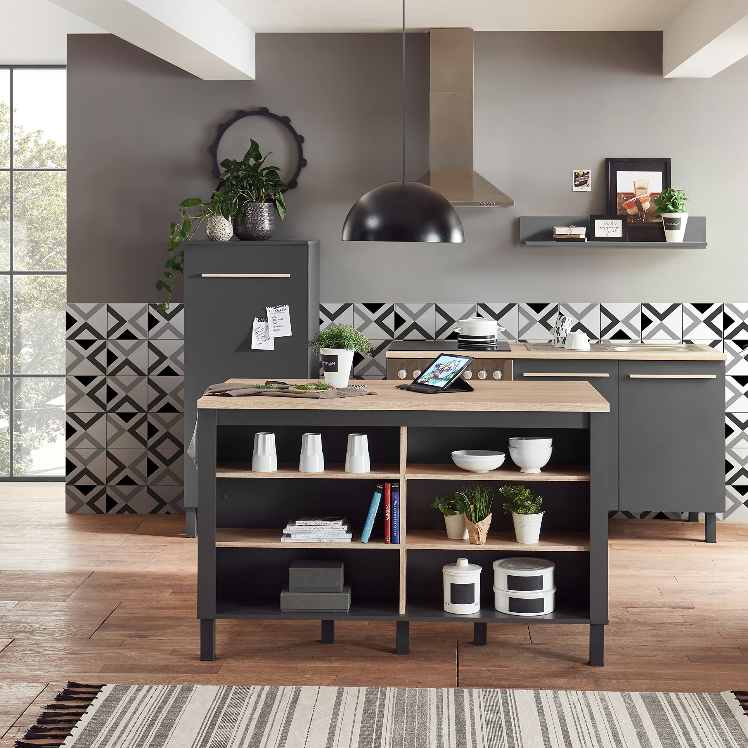 BILBERRY Moderne Kücheninsel mit Arbeitsplatte freistehend in Eiche Sonoma Optik, Anthrazit - Geräumiger Küchenschrank - 140 x 90 x 75 cm (B/H/T)