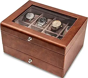 Leather Watch Box Organizer for Men with Valet Drawer