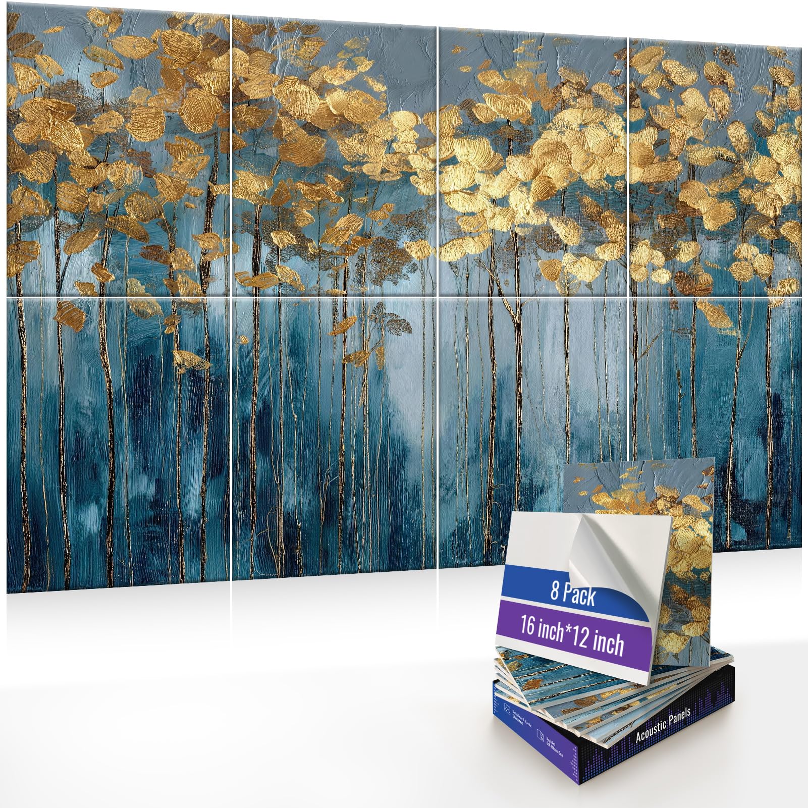 Confezione da 8 pannelli acustici artistici, decorativi da parete, 120 x 80 cm, autoadesivi, pannelli fonoassorbenti per casa, ufficio, studio di registrazione (Aurum Hush)