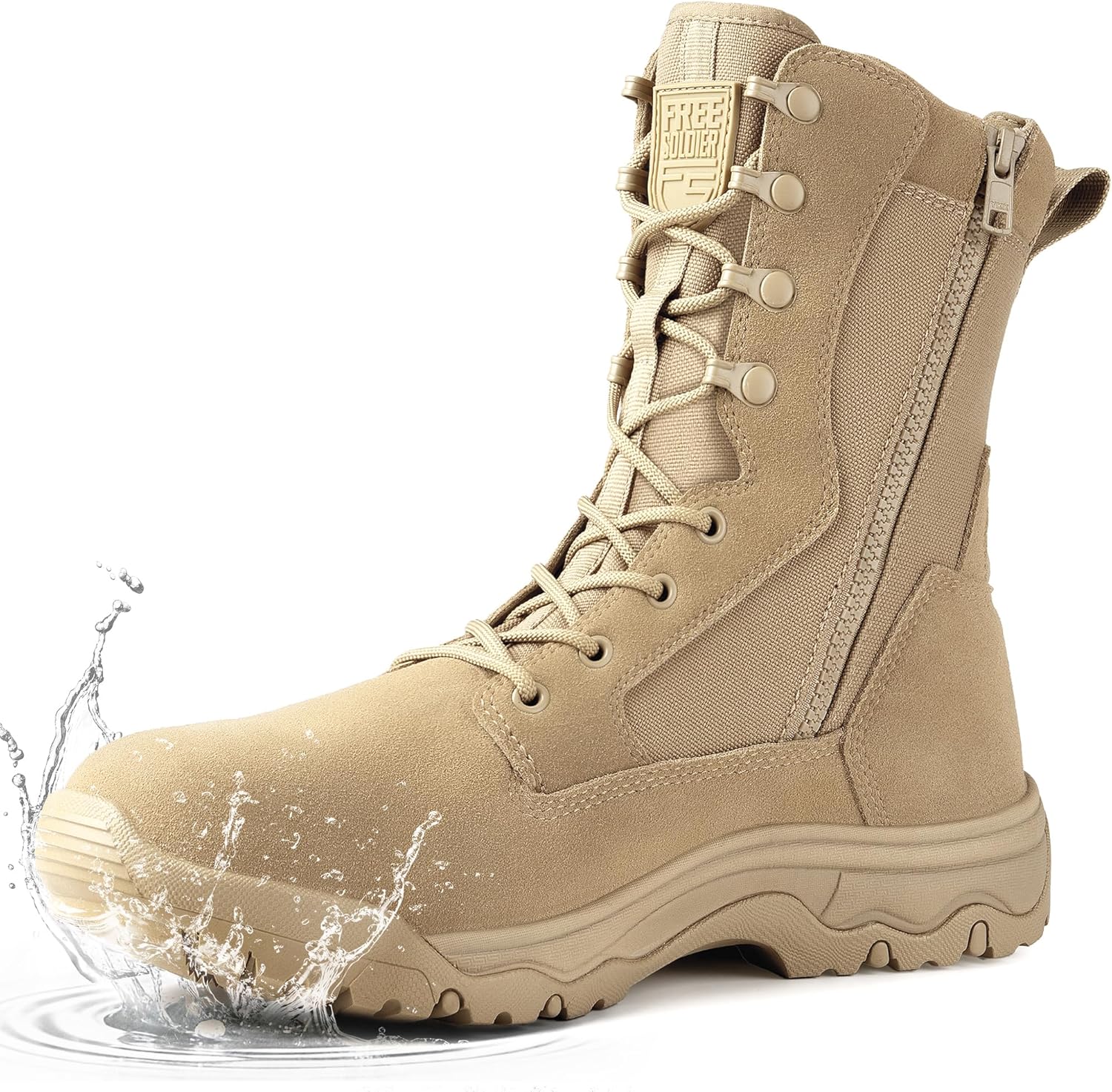 FREE SOLDIER Men's Work Tactical Boots 8 Inches Side Zipper Lightweight Combat Boots Durable Suede Leather Military Boot Desert Boot