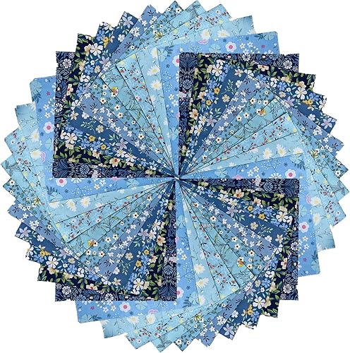 HANPATQUI - 50 piezas de 5 x 5 pulgadas de tela de algodón impresa al 100% azul para costura y acolchado, paquetes de tela de cuarto grueso