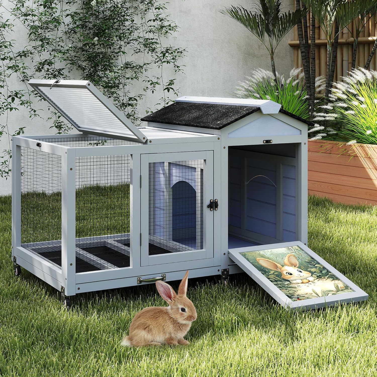 COZIWOW 39IN Heated Rabbit Hutch with Wheels, Insulated Indoor/Outdoor Bunny Cage House with Cleaning Tray, Sun Panel & Animal Pattern, Spacious Rabbit Cage for 1-2 Bunnies, (Grey & Air Purifier)