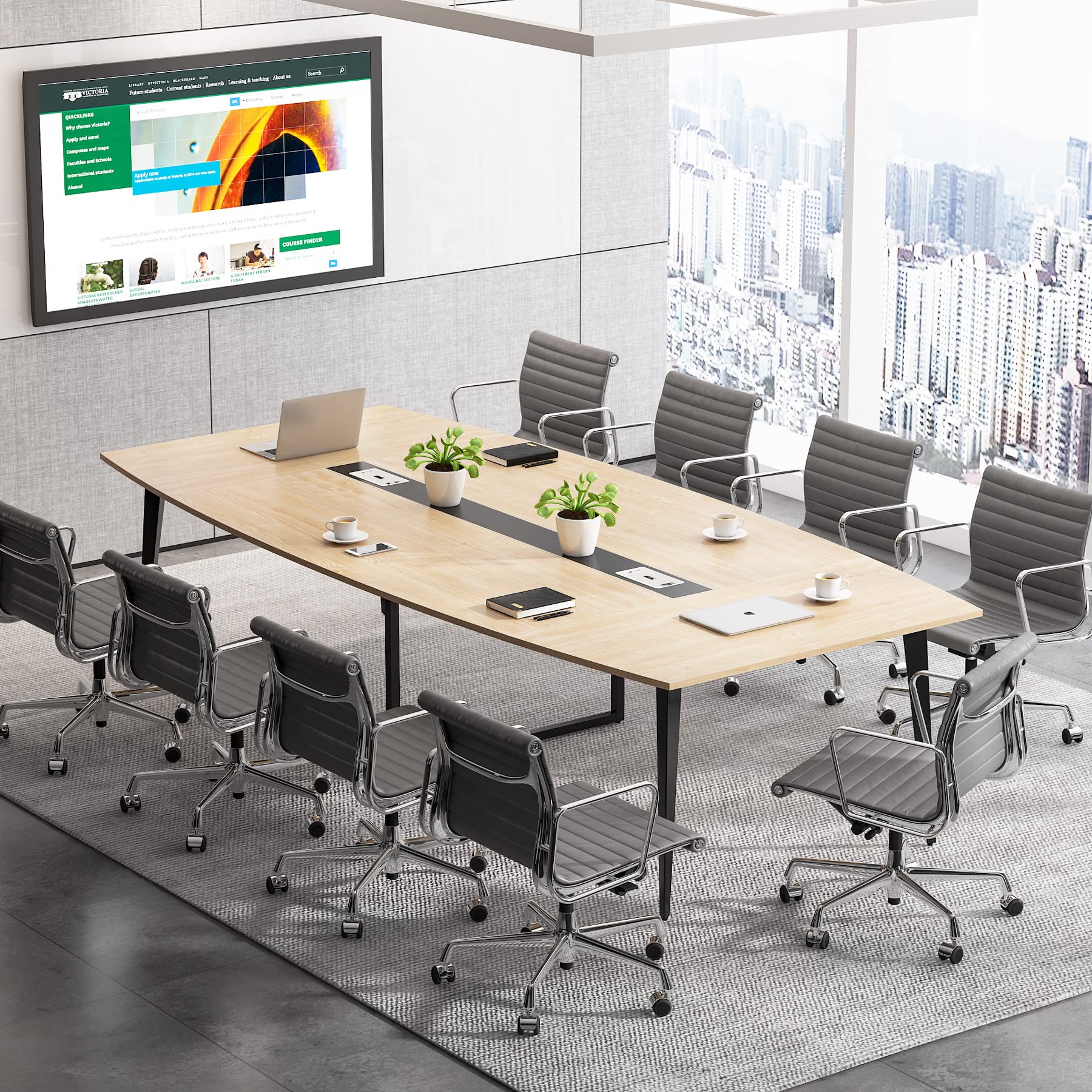 Tribesigns 8FT Conference Table, 94.48L x 47.24W x 29.52H Inches Large Boat Shaped Meeting Seminar Table with Cable Grommets, Modern Conference Room