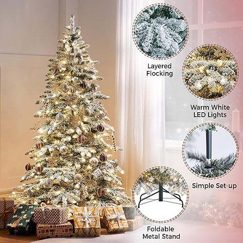 Miniatura 4 de Yaheetech Árbol de Navidad artificial preiluminado de 6 pies con 400 luces LED blancas cálidas y 940 puntas de PVC, árbol de Navidad con bisagras