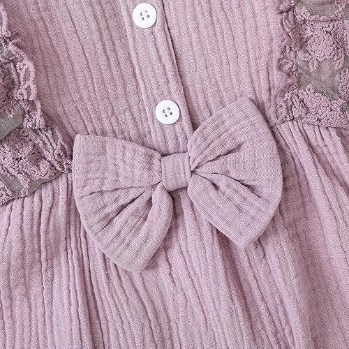 Miniatura 5 de Mono de algodón para bebé, ropa de niña con lazo para niña, un mameluco de encaje de lino para niñas de 0 a 24 meses (morado, 0 a 3 meses)