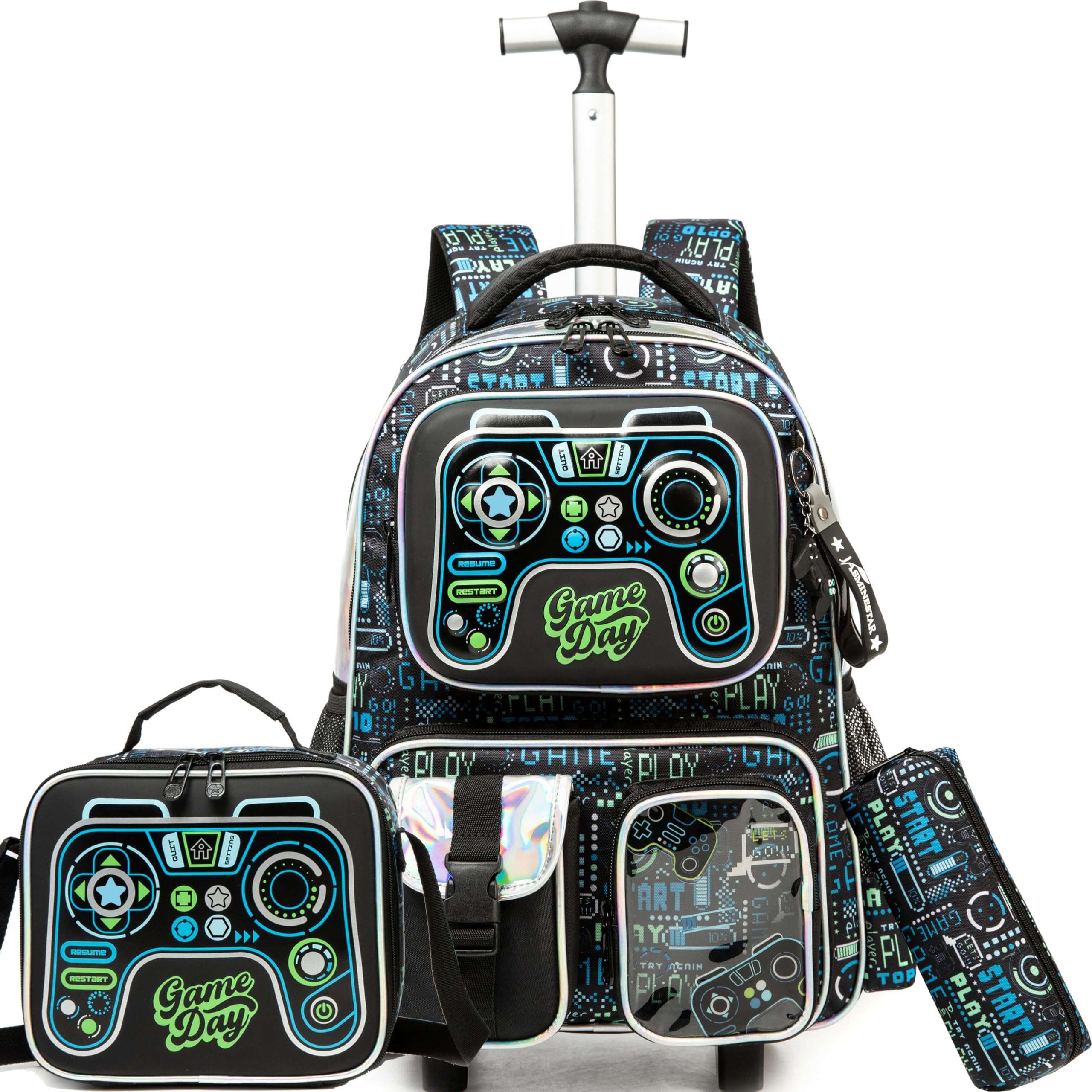 Meetbelify Kids Rolling Backpack with Wheels for Boys Rolling Backpacks with Lunch Box for Elementary School Students 3 in 1 Travel Luggage Suitcase for Boys Age 8-10