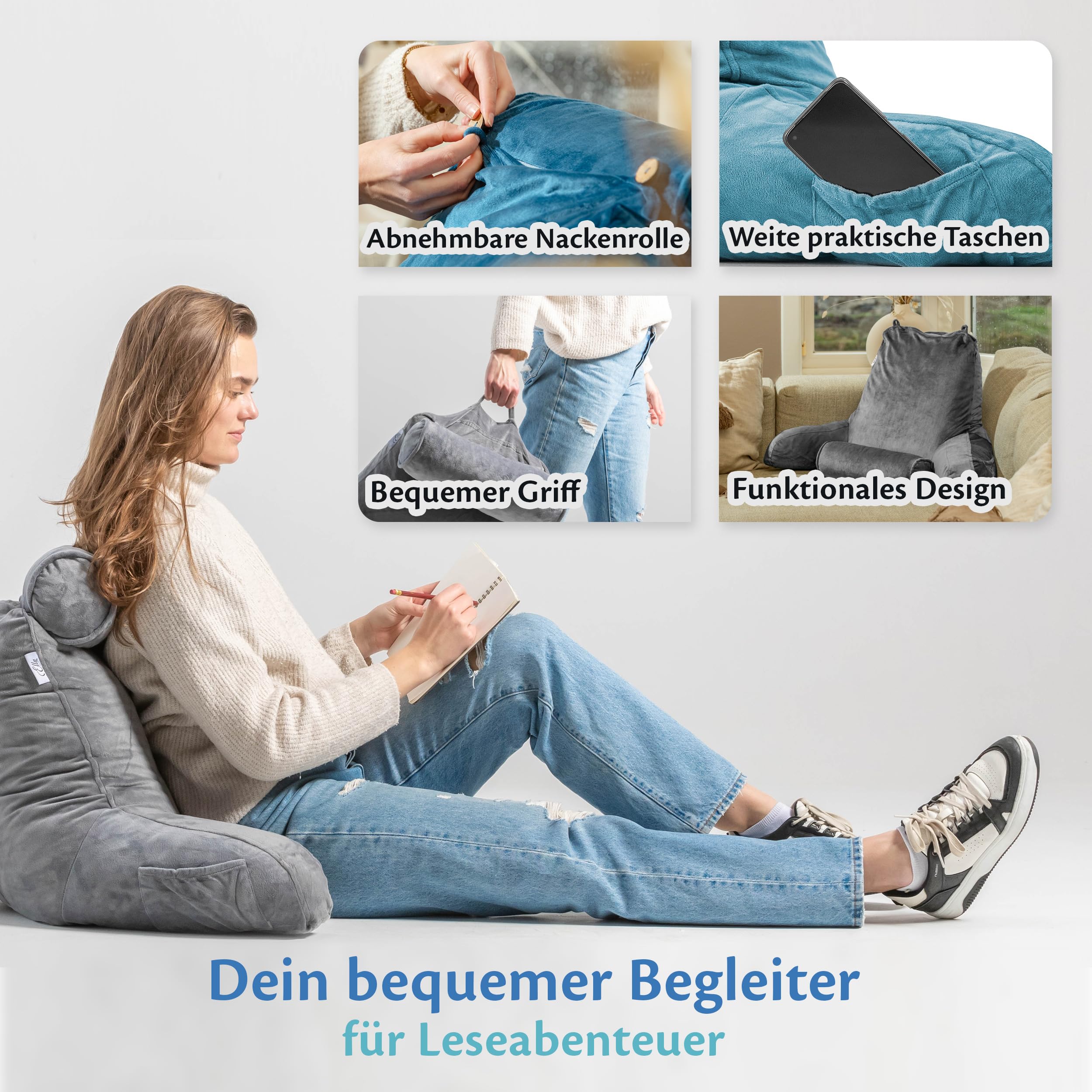 Ella Lesekissen für Bett und Sofa mit Abnehmbarer Nackenrolle - Rückenkissen Bett - Reading Pillow aus Memory Foam mit Armlehne, Ideal zum Lesen, Fernsehen, Faulenzen oder als Rückenstütze - Blau