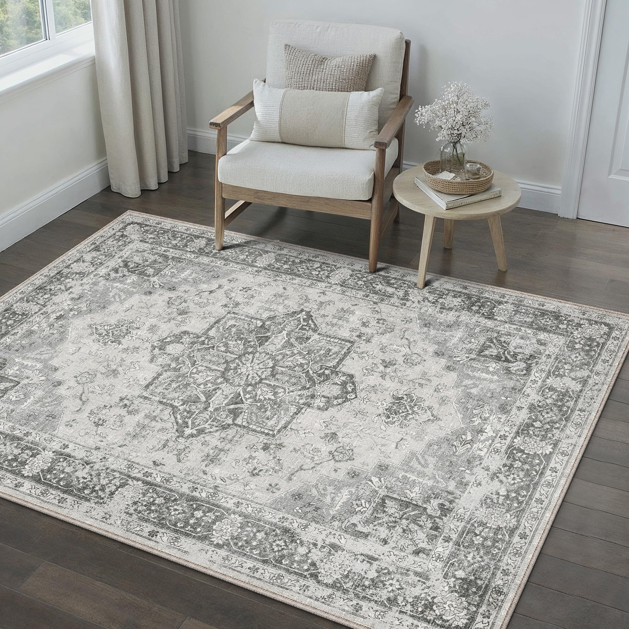 PureCozy Vintage Rugs Living Room Area Rug 120x170cm Washable Grey Bedroom Large Non Slip Soft Carpet Kitchen Bedroom Dining Room Office Indoor Low Pile Carpets — image 1
