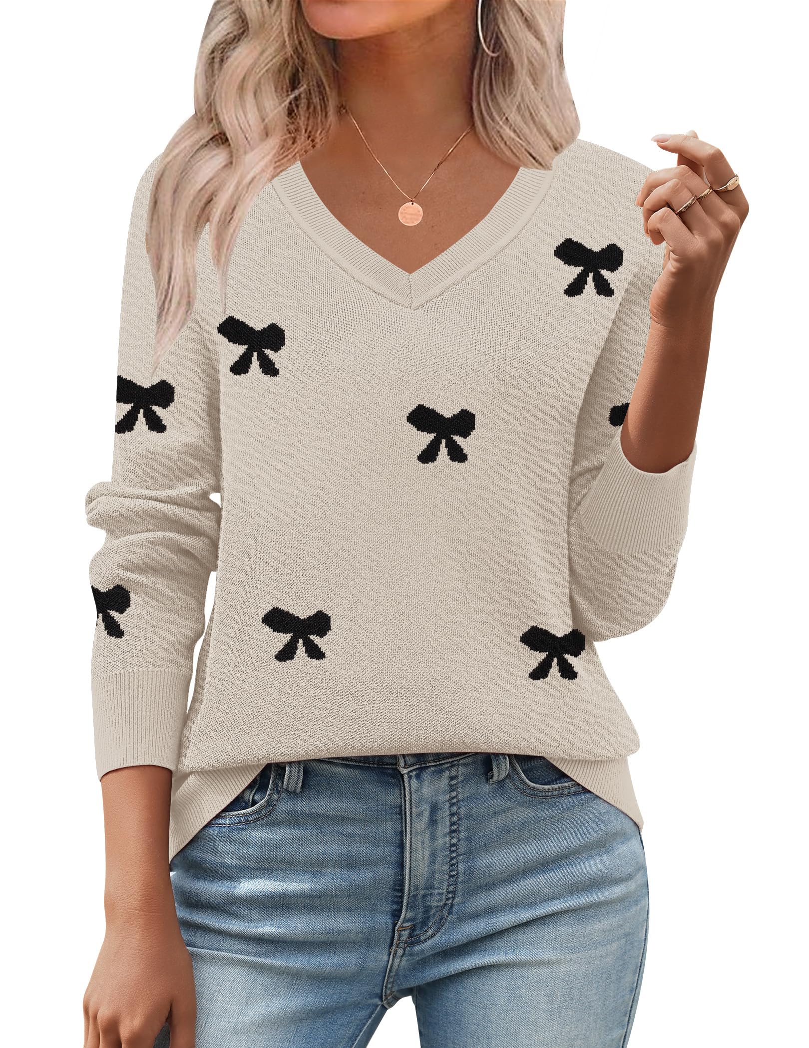 Zeagoo Womens 2026 Fall V Neck Sweater Trendy Long Sleeve Casual Lightweight Ribbed Knit Pullover Tops