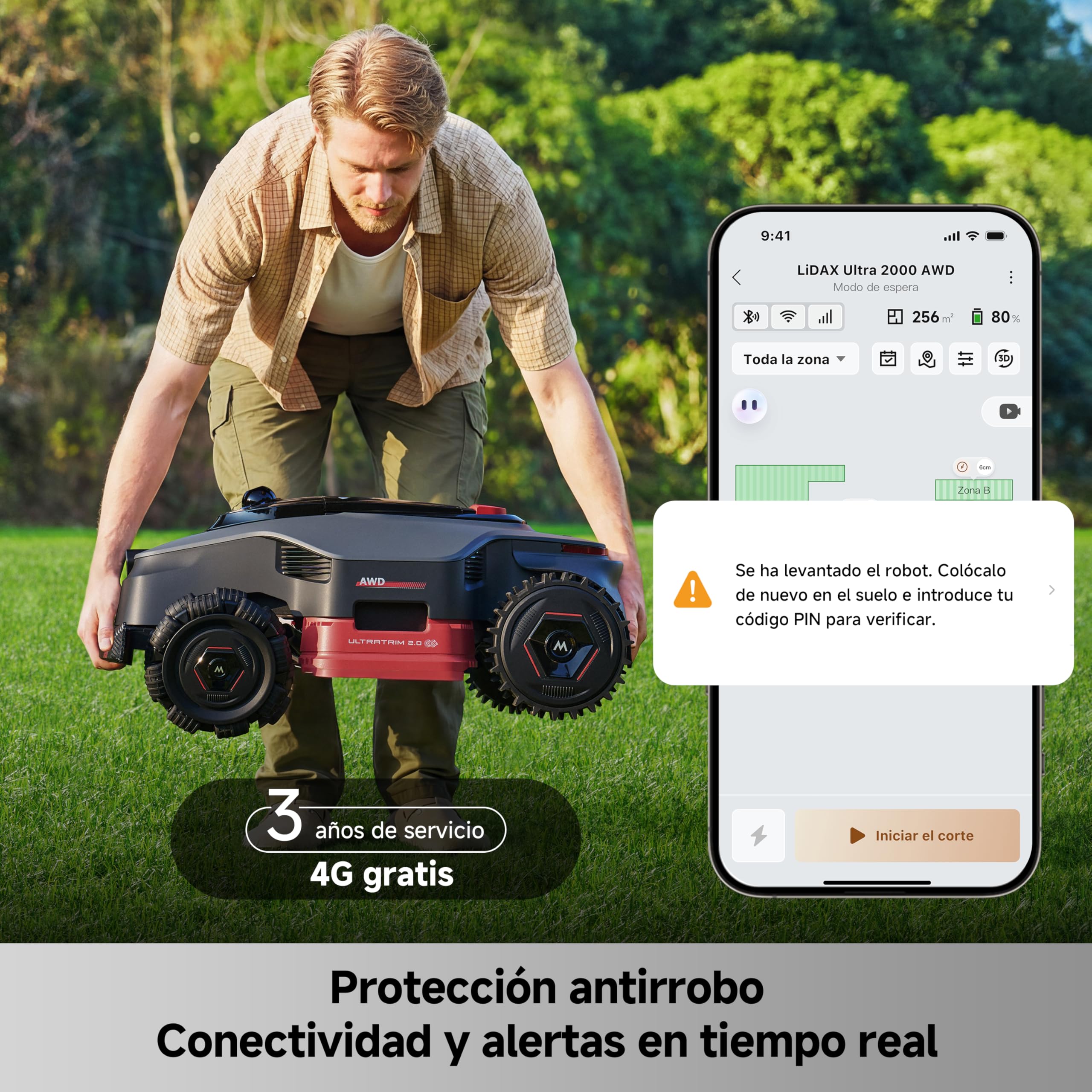 MOVA LiDAX Ultra 2000 AWD, Robot cortacésped, sin RTK, mapeo automático asistido por IA, LiDAR 3D de 360° y visión Dual con IA, AWD a 36 V para cuestas del 80%, 2 Discos (6 Cuchillas Cada uno)