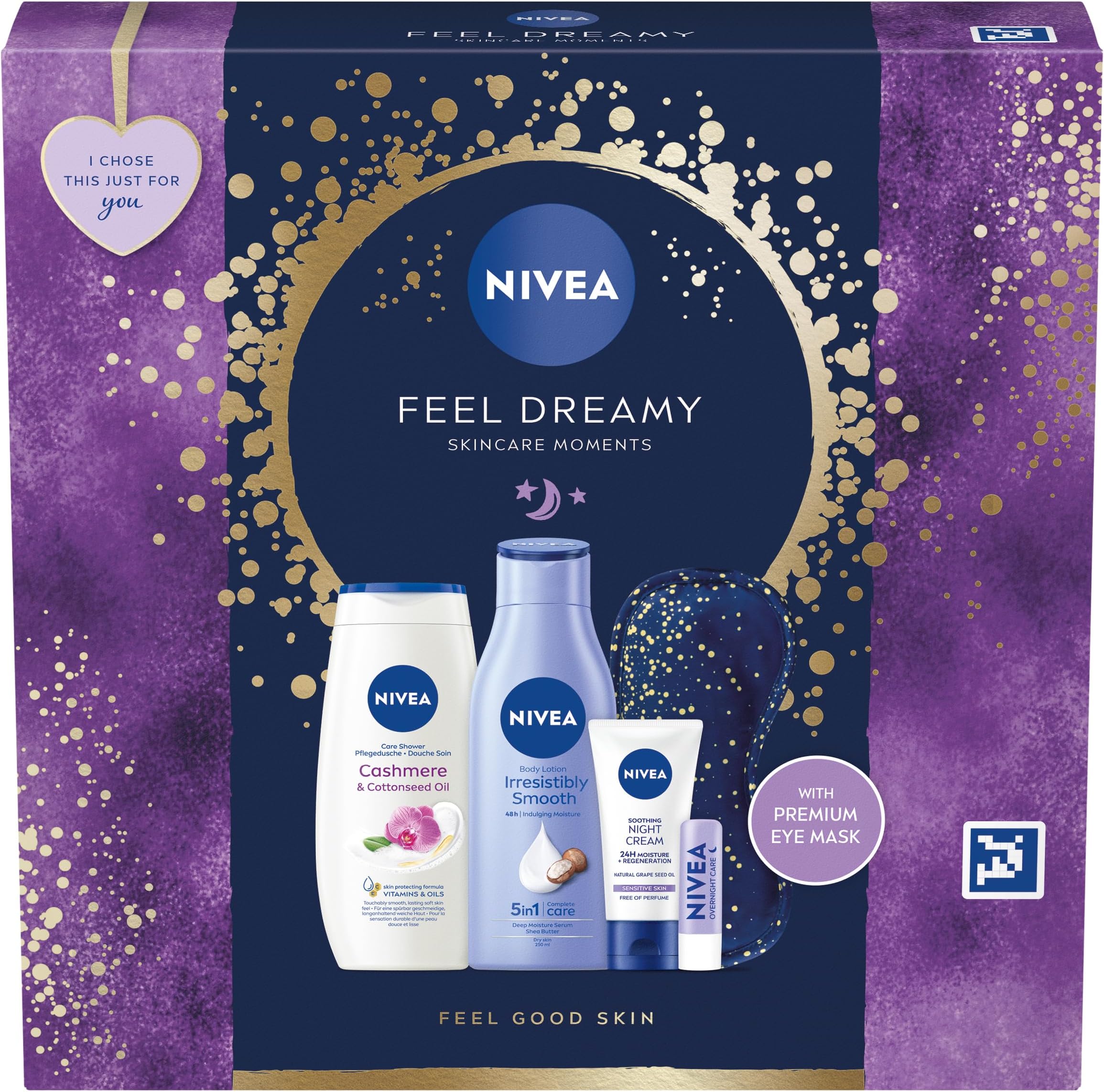 NIVEA Feel Dreamy Gift Set (5 Products), Women's Gift Set with Beauty Products, Includes Shower Cream, Body Lotion, Night Cream, Lip Balm, and Eye Mask