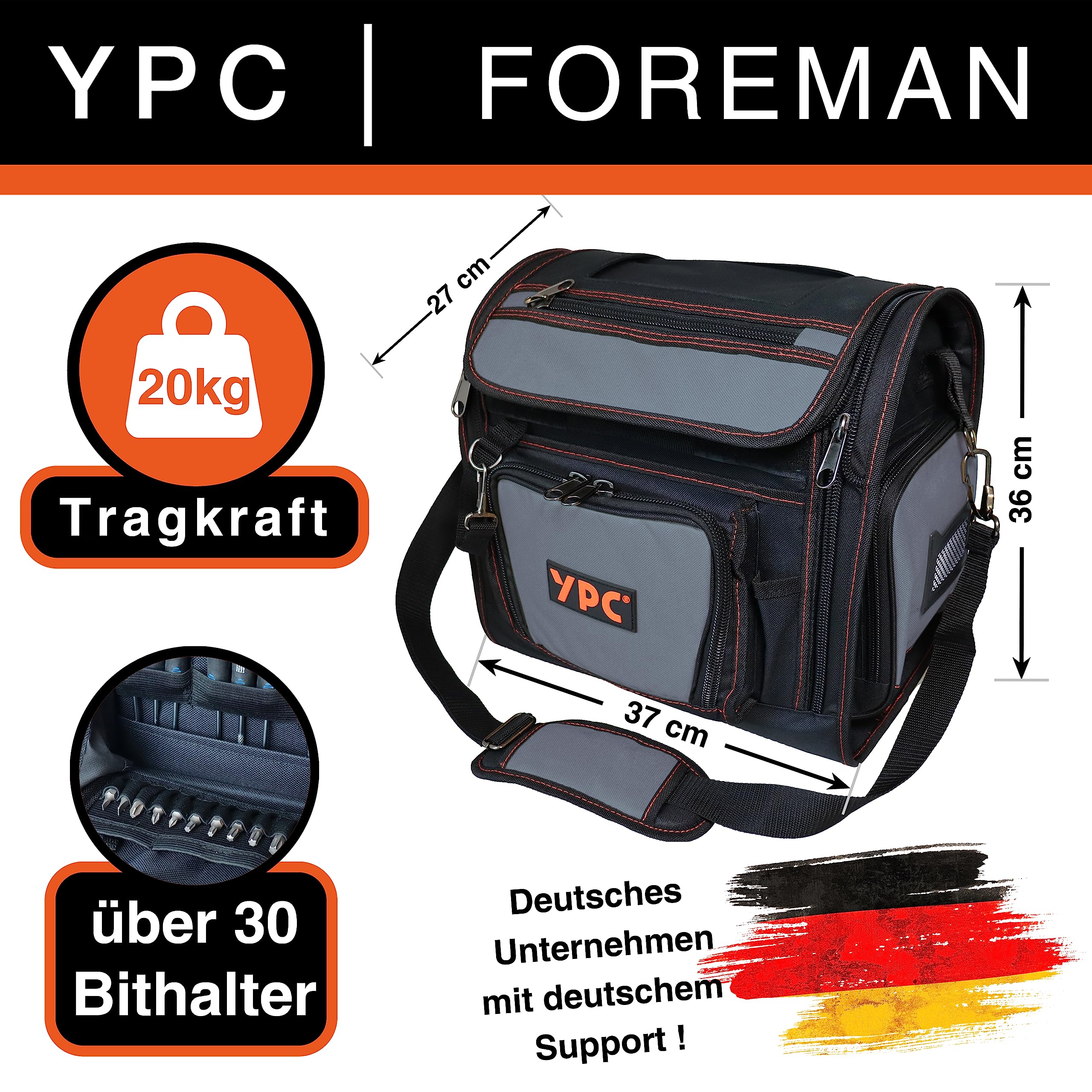 YPC Foreman torba narzędziowa XL – przenośna torba do przechowywania z karabińczykiem, wodoodporna, odporna na rozerwanie, stabilny metalowy uchwyt i pasek na ramię z wyściółką, szaro-czarna, 37 x 36