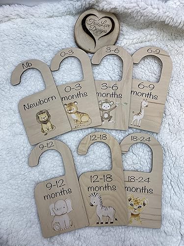 TrueLove Designs 7pc Safari Animal Baby Closet Dividers Wooden Baby Wardrobe Hanger Organizer from Newborn to 24 Months with Printed Design Infant