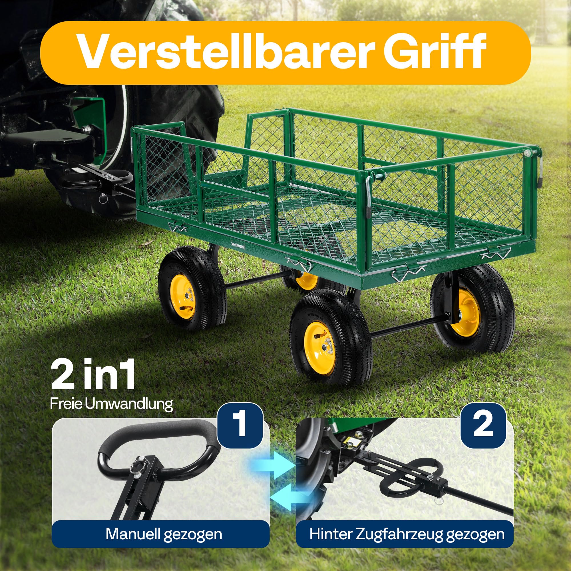 VIVOHOME Gartenwagen Metall Faltbar mit 410kg Tragkraft 25,4cm Luftreifen | Bollerwagen Stabil und Robust mit 180° Drehbarem Griff und Abnehmbaren Seiten für Garten Grün