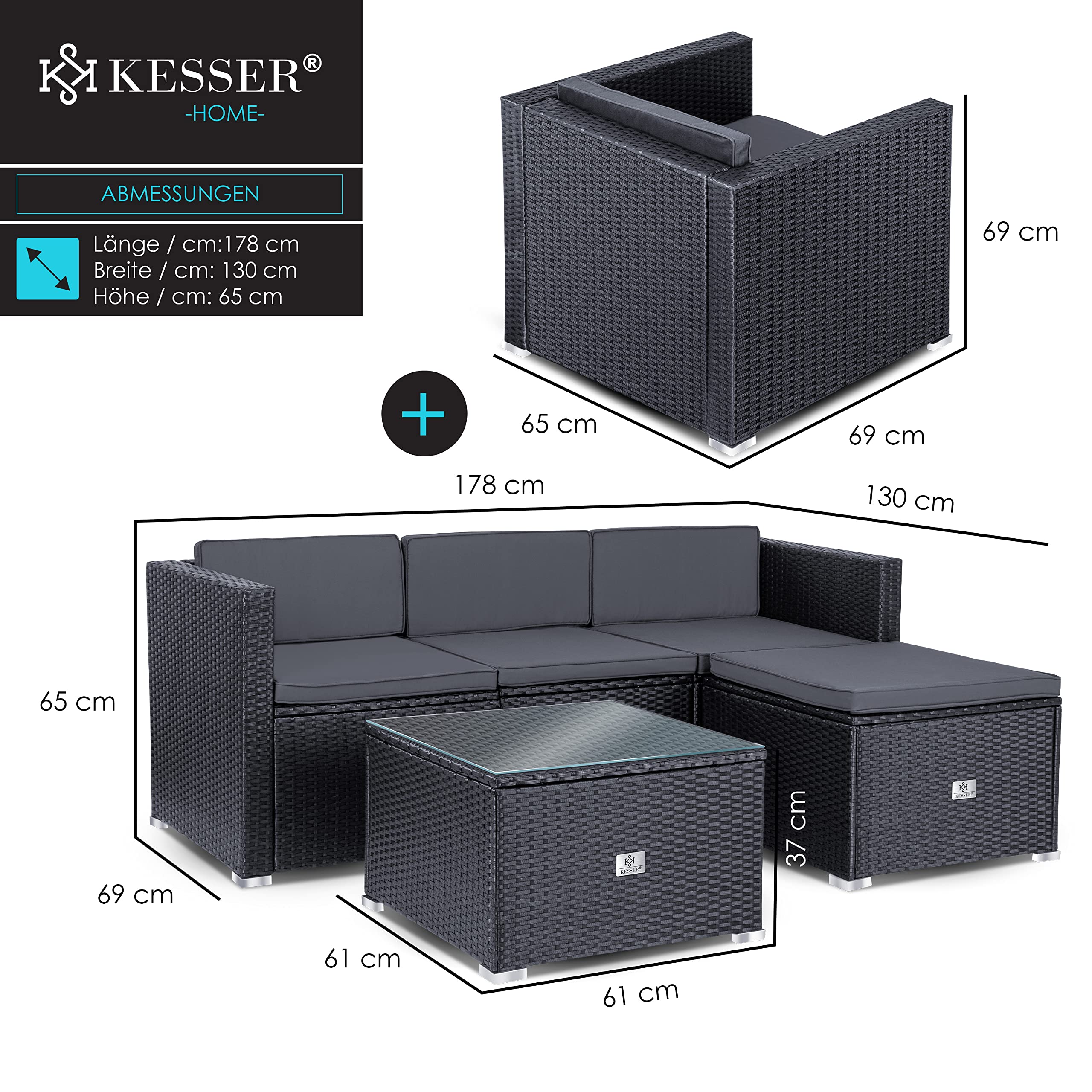 KESSER® Polyrattan Lounge Aruba - Gartenlounge für 4-5 Personen Gartenmöbel-Set Sitzgruppe aus 3er Gartensofa, Sessel, Hocker Beistelltisch mit Sitzkissen für Garten, Terrasse und Balkon, Anthrazit