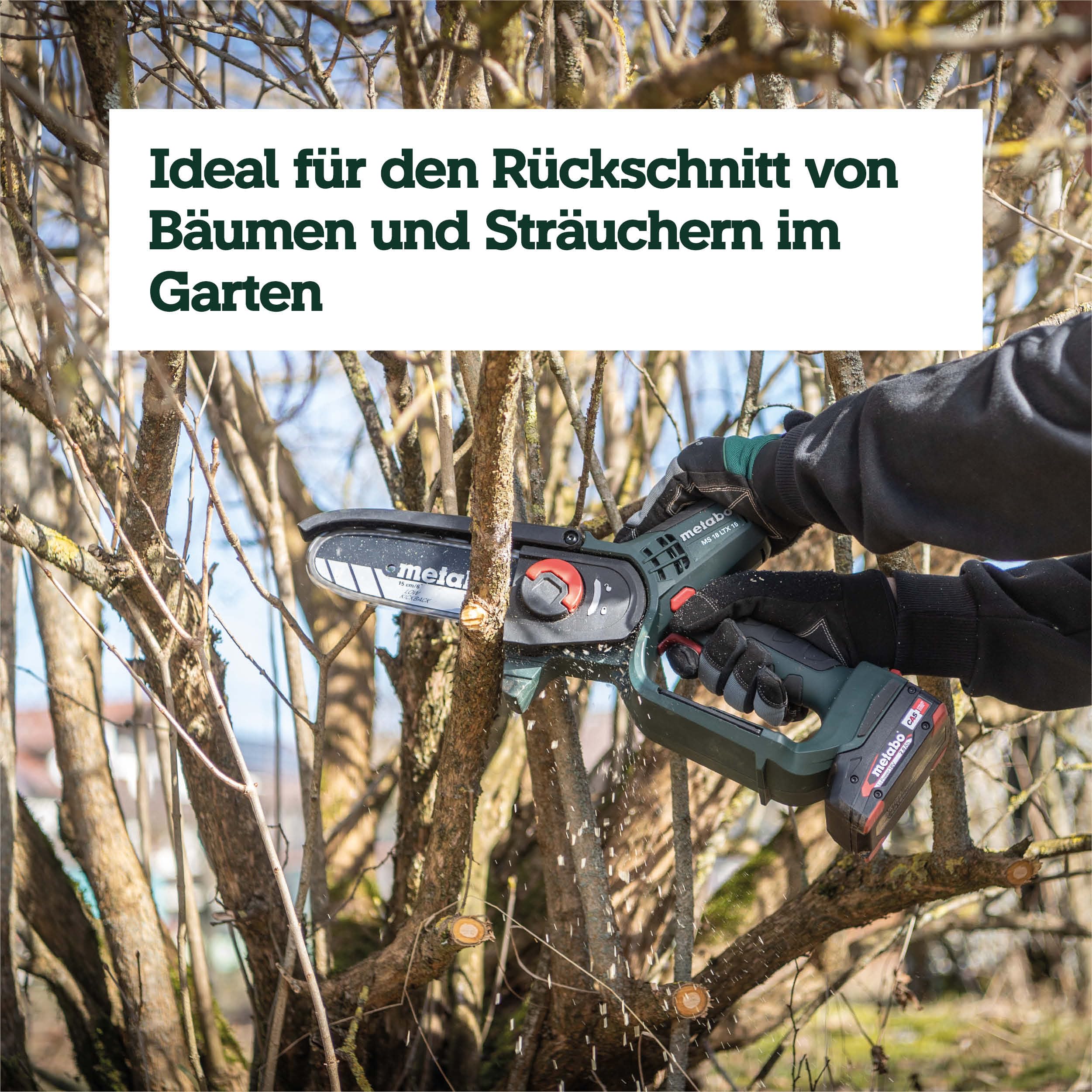 metabo Akku-Gehölzsäge MS 18 LTX 15-18V, 15 cm Schwertlänge - Ideal für Baumschnitt und Grünschnitt, hohe Kettengeschwindigkeit - Leicht und handlich - Inkl. metaBOX