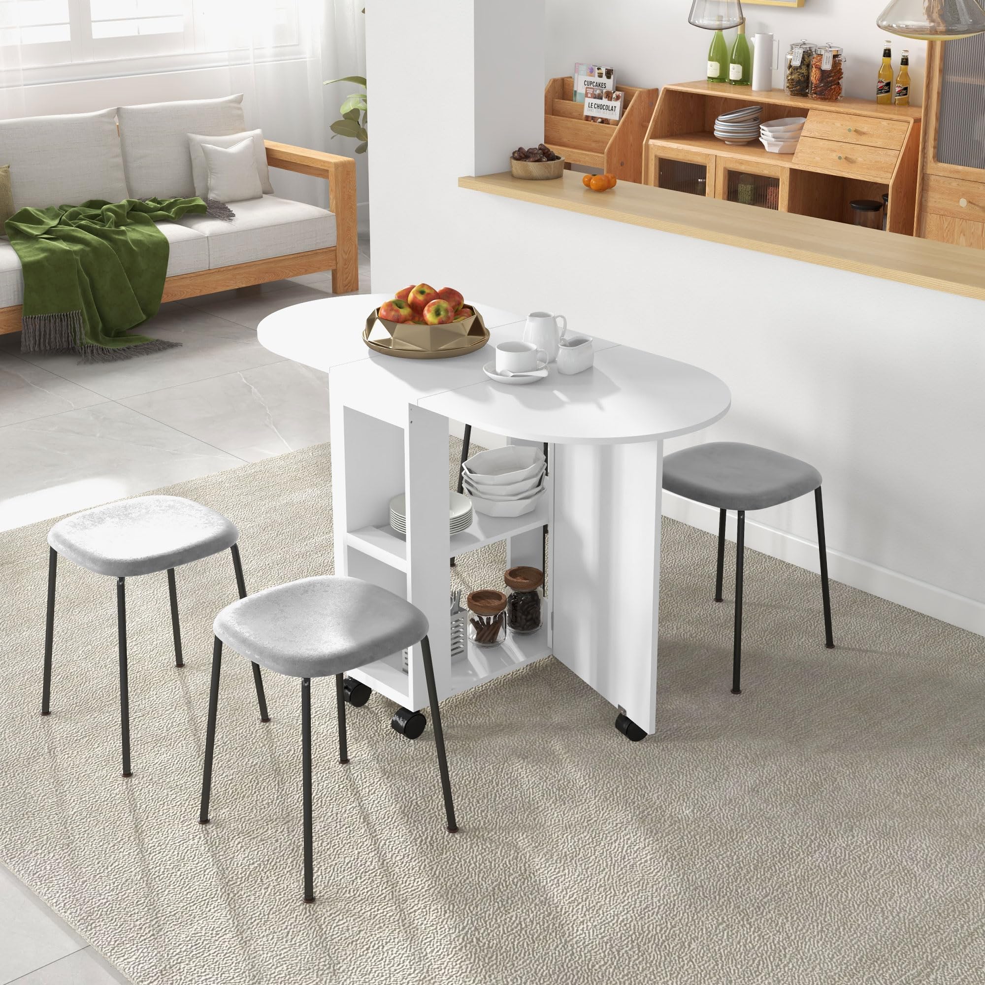HOMCOM Mesa de Comedor Plegable Mesa de Cocina Moderno con Ruedas Laterales Abatibles y 2 Estantes Abiertos Carga 80 kg 120x60x77 cm Blanco