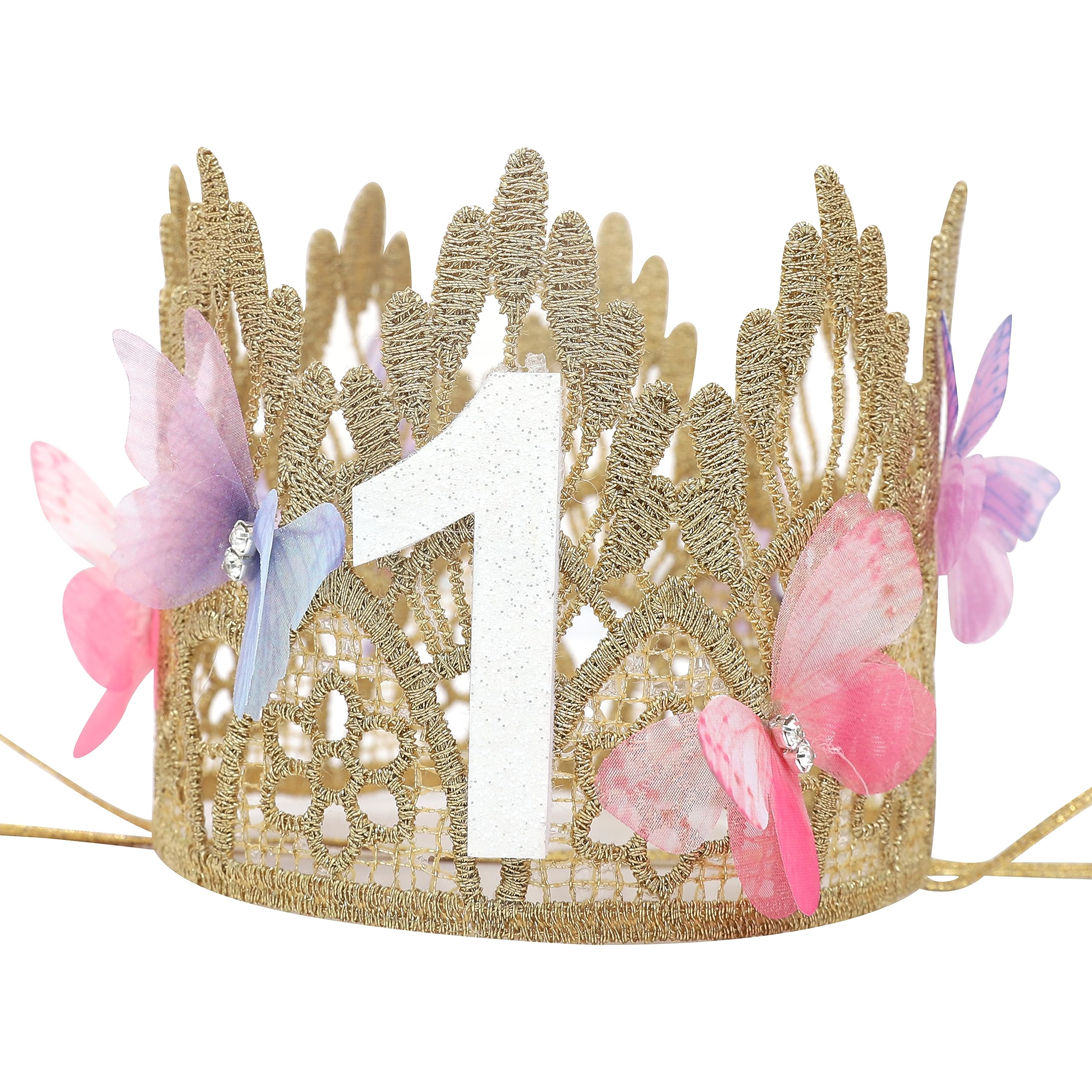 Butterfly Crown - First Birthday, Gold Lace, Purple, Butterfly Wishes, One Birthday Costume Headband for Baby Girls, Toddler, Kids