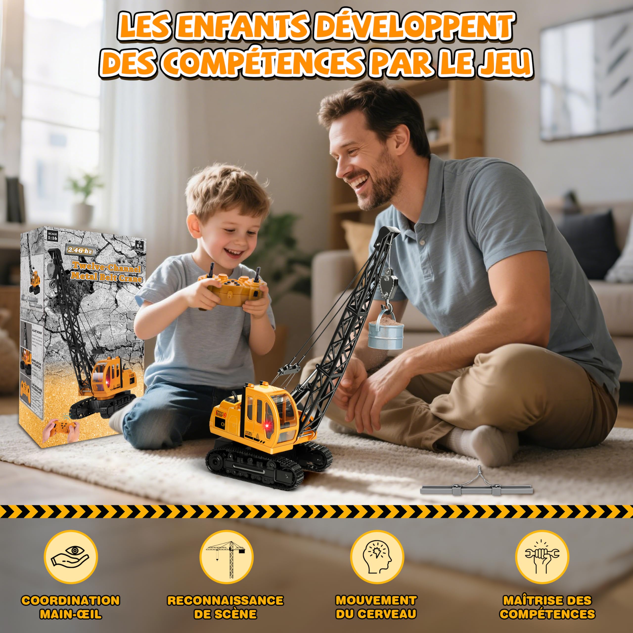 Joellfuner 1:14 Super Grande Grue Telecommandée, Grue Enfant 2,4G avec Lumières et Sons Réalistes, JouetGrue avec 2 Accessoires, Cadeau pour Enfants de 3 à 12 Ans (Très Grand)