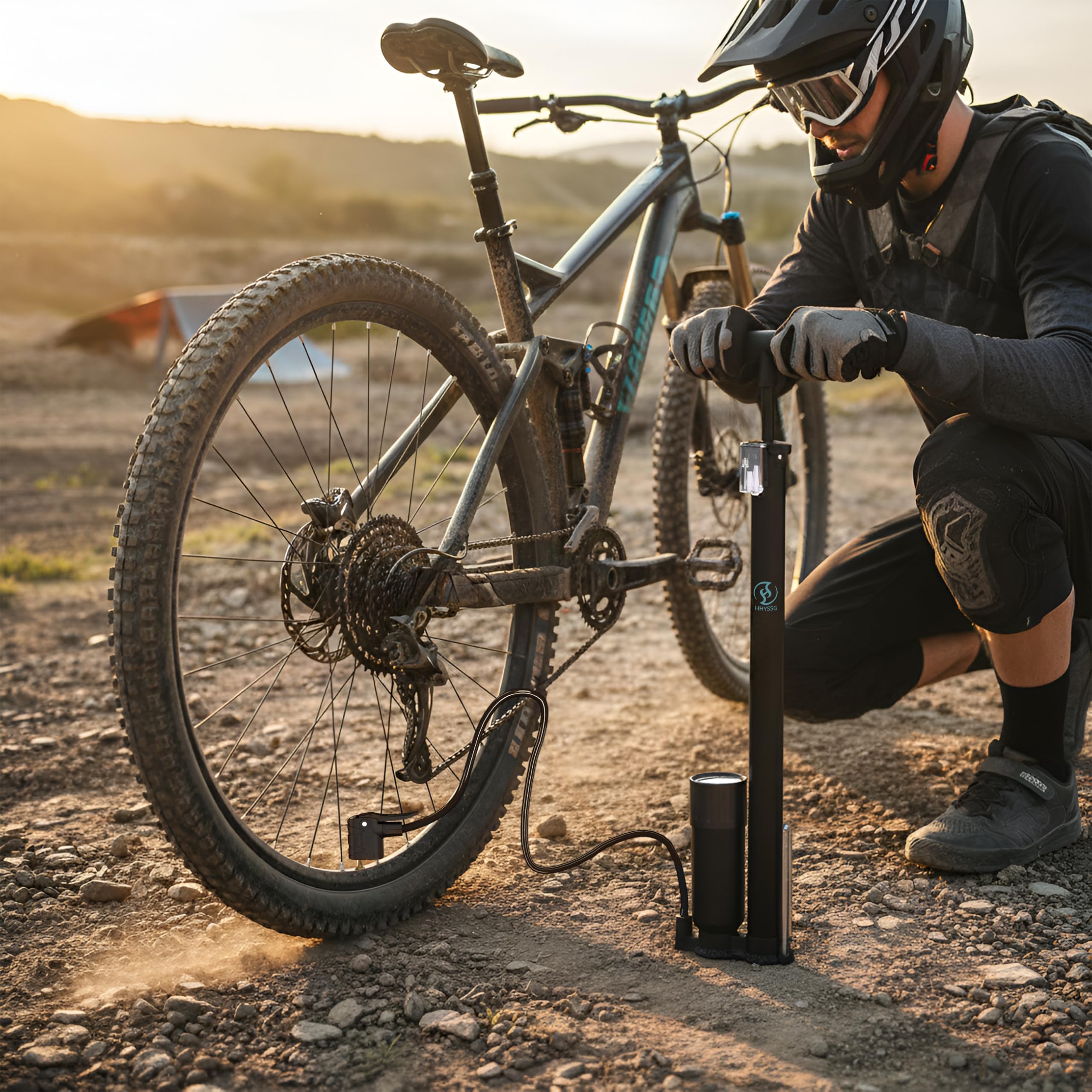 Stand-Fahrradpumpe alle Ventile AV, SV, DV - Fahrrad Luftpumpe Inklusive Großem Manometer, Adaptern & Behälter | Pumpe für Motorrad, E Bike, Auto & Sportartikel