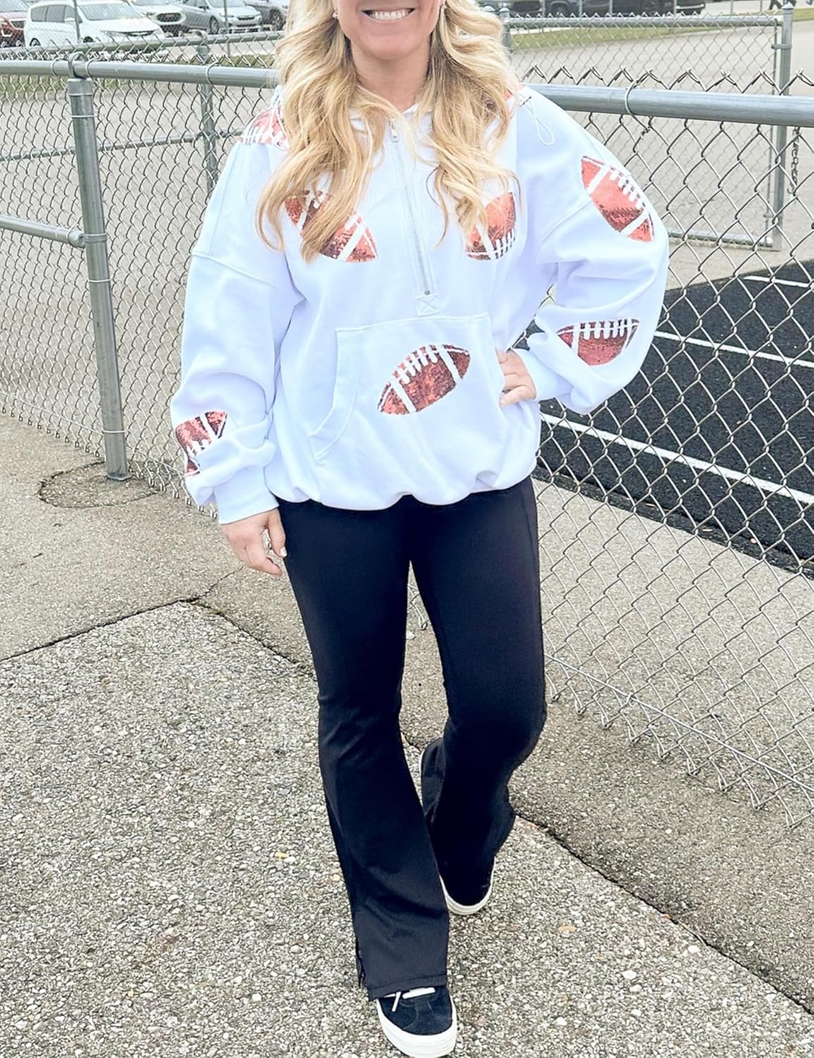 SeekMe Womens Game Day Sweatshirts Football Sequin Hoodies Tailgate Outfits Long Sleeve Zipper Sweaters with Pocket - Image 5