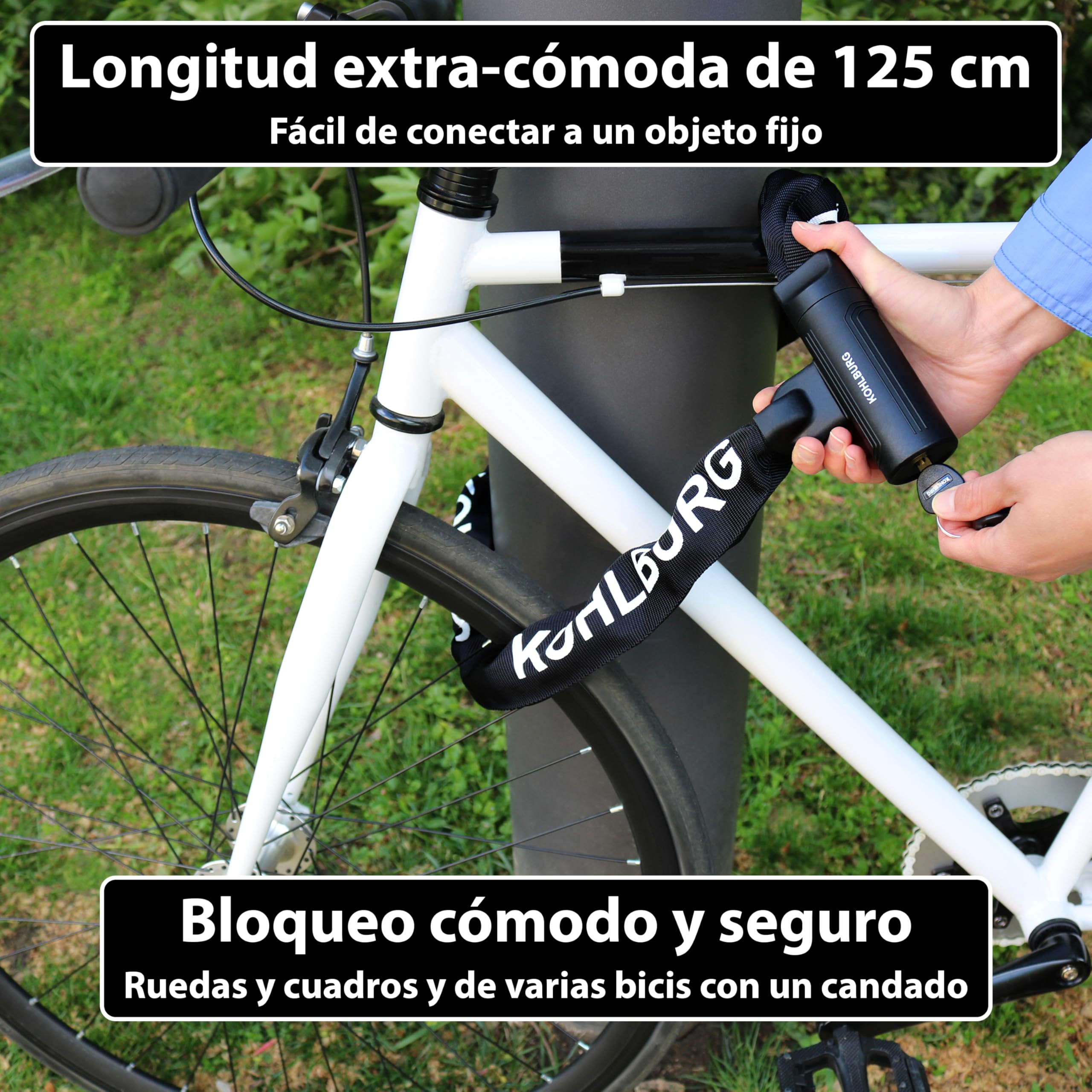KOHLBURG antirrobo de cadena de seguridad – Cadena de 125 cm con eslabones cuadrados de 8,3 mm, acero especial endurecido – candado seguro con 4 llaves, apto para bicicletas eléctricas, bicis y motos
