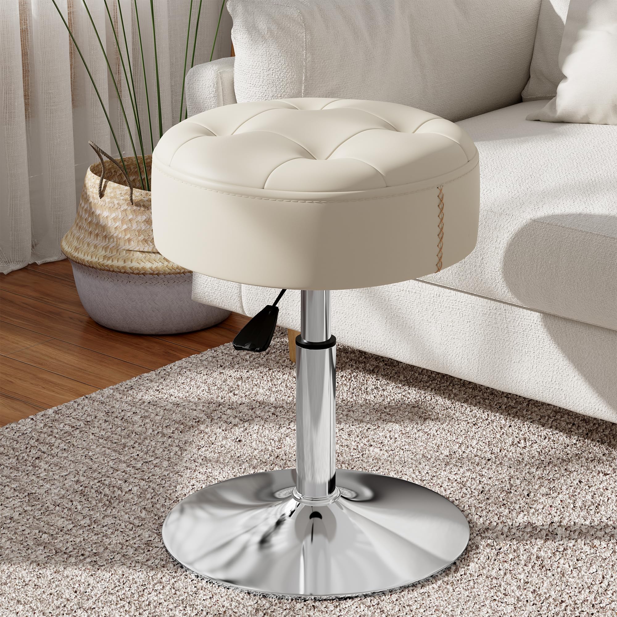 ACEQLYT® 16"-21" Adjustable Swivel Vanity Stool, Modern PU Leather Makeup Vanity Chair for Bedroom, Bathroom, Living Room, Tufted Design Small Ottoman Stool for Vanity (White)
