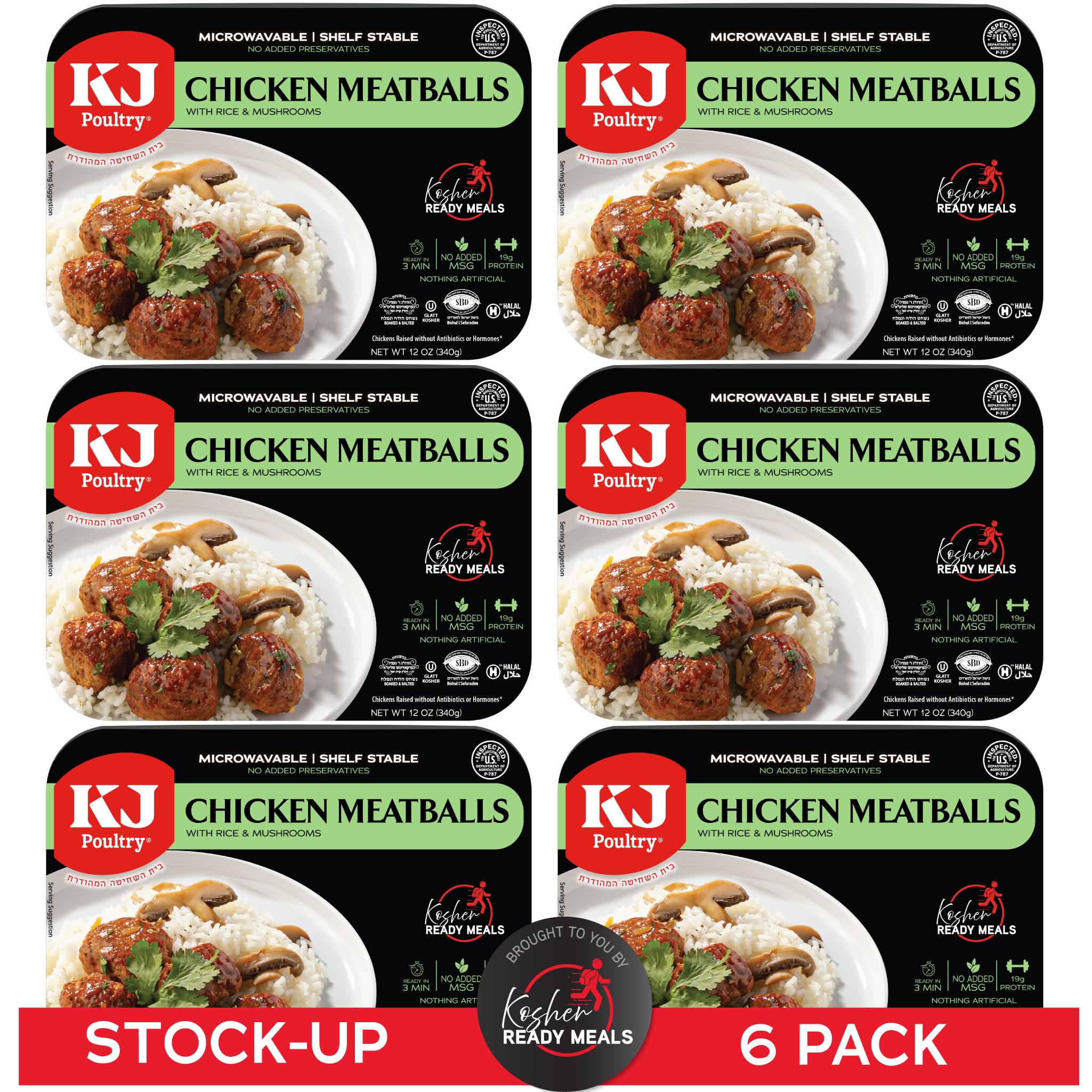 - KJ Poultry Kosher Ready Meals - Chicken Meat Balls & Mushrooms, MRE Meat Meals Ready to Eat, Halal, (6 Pack) Prepared Entree Fully Cooked, Shelf Stable Microwave Dinner, Travel, Military, Camping