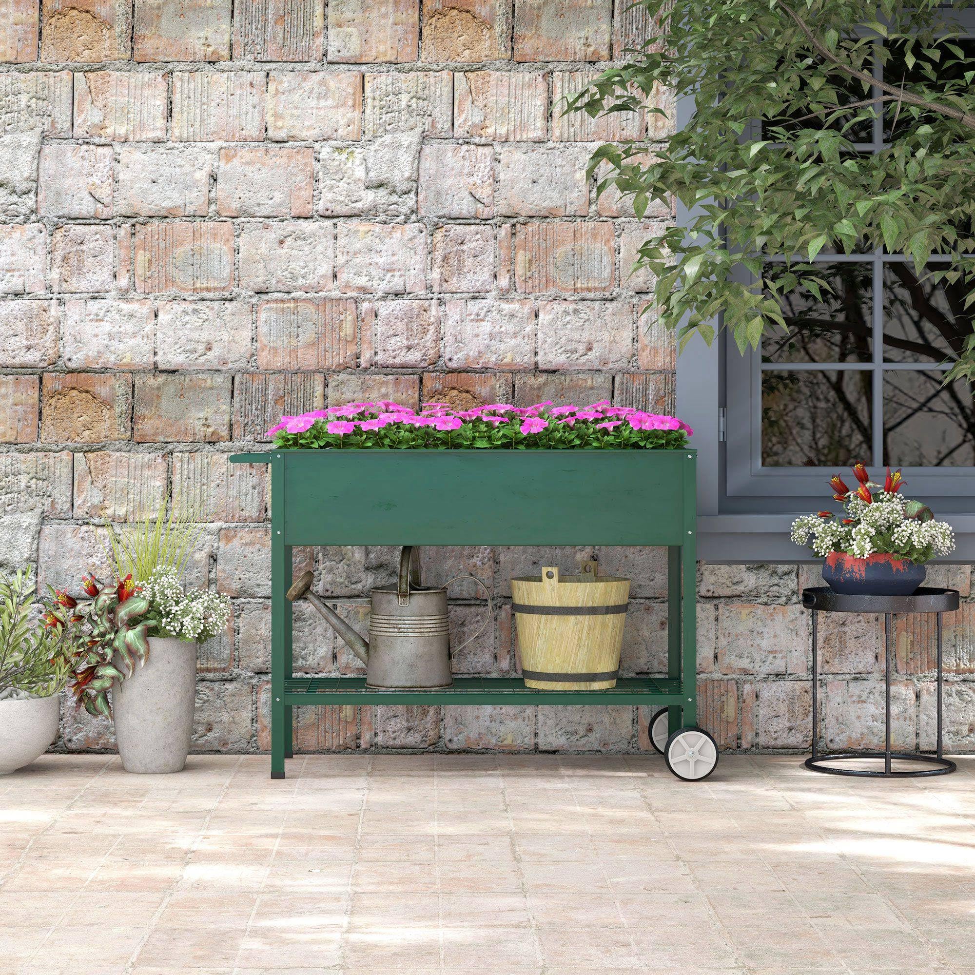 Outsunny Mesa de Cultivo 109x44x80 cm Huerto Urbano Elevado con 2 Ruedas Estante y Asa para Cultivo Plantas Flores Verduras Verde