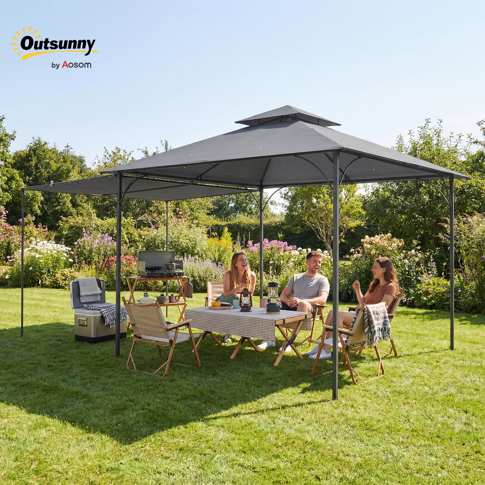 Outsunny Gazebo da Giardino 3.2x3.2 m con Tetto Estensibile, Gazebo da Esterno con Doppio Tetto Ventilato, Fori di Drenaggio in Metallo, per Giardino Balcone Feste Patio, UV30+, Grigio Scuro