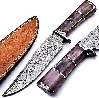 Nooraki BK-30 Handmade Damascus Steel Fixed Blade Bowie Knife with Leather Sheath, Multipurpose Knife with Camel Bone Brass Spicer Handle for Everyday Carry, Camping, Hunting, 12.5" Length - Nooraki