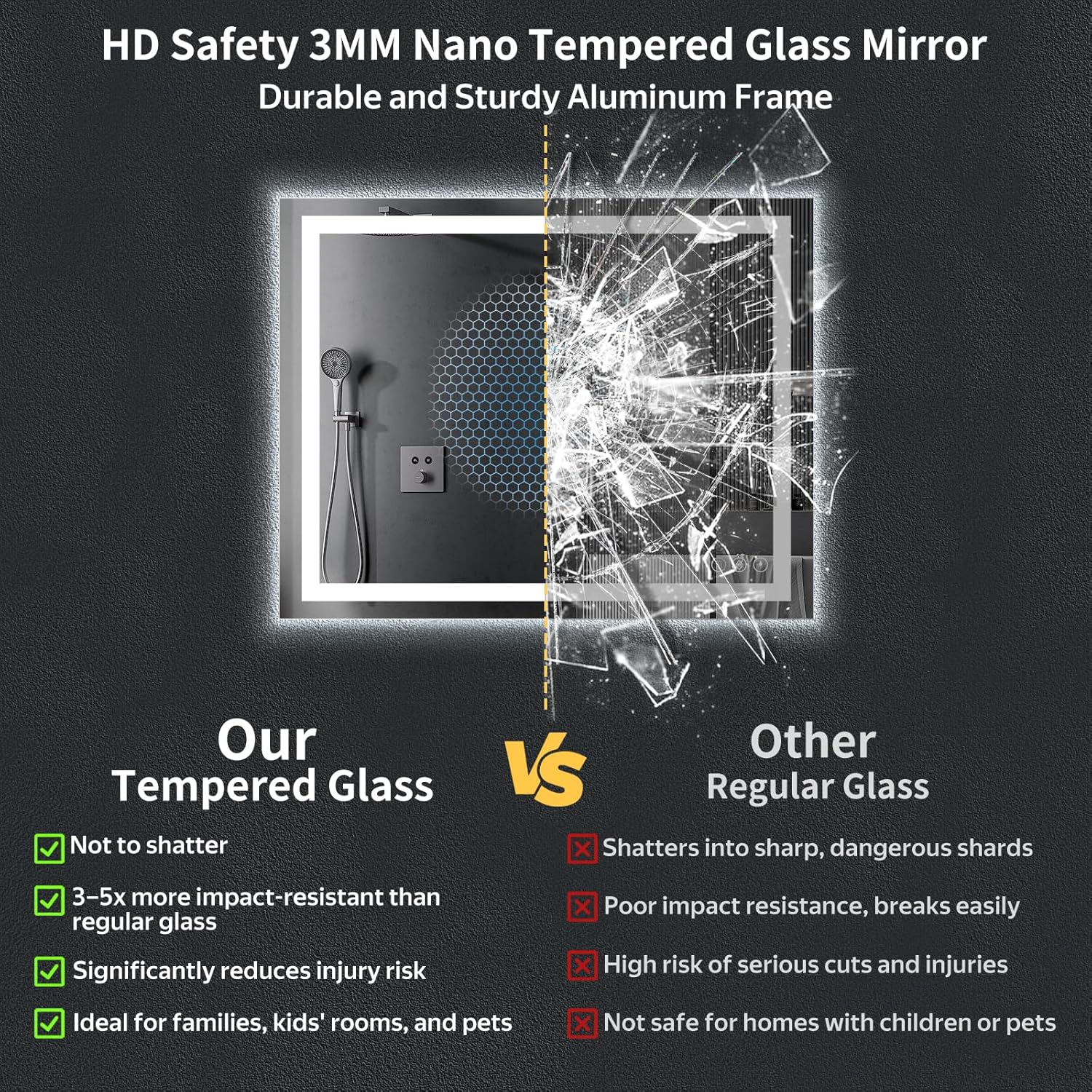 48 x 32 LED Bathroom Mirror with Lights, Backlit + Front Lit, Anti-Fog, Lighted Vanity Mirror for Bathroom Wall, Dimmable Brightness, 3 Colors, Memory Function, Shatterproof Tempered Glass