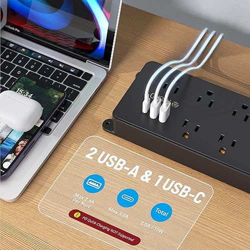 Miniatura 10 de TROND Regleta protectora contra sobretensiones, 7 tomas de corriente ampliamente espaciadas, 3 puertos de carga USB (1 USB C), certificación ETL
