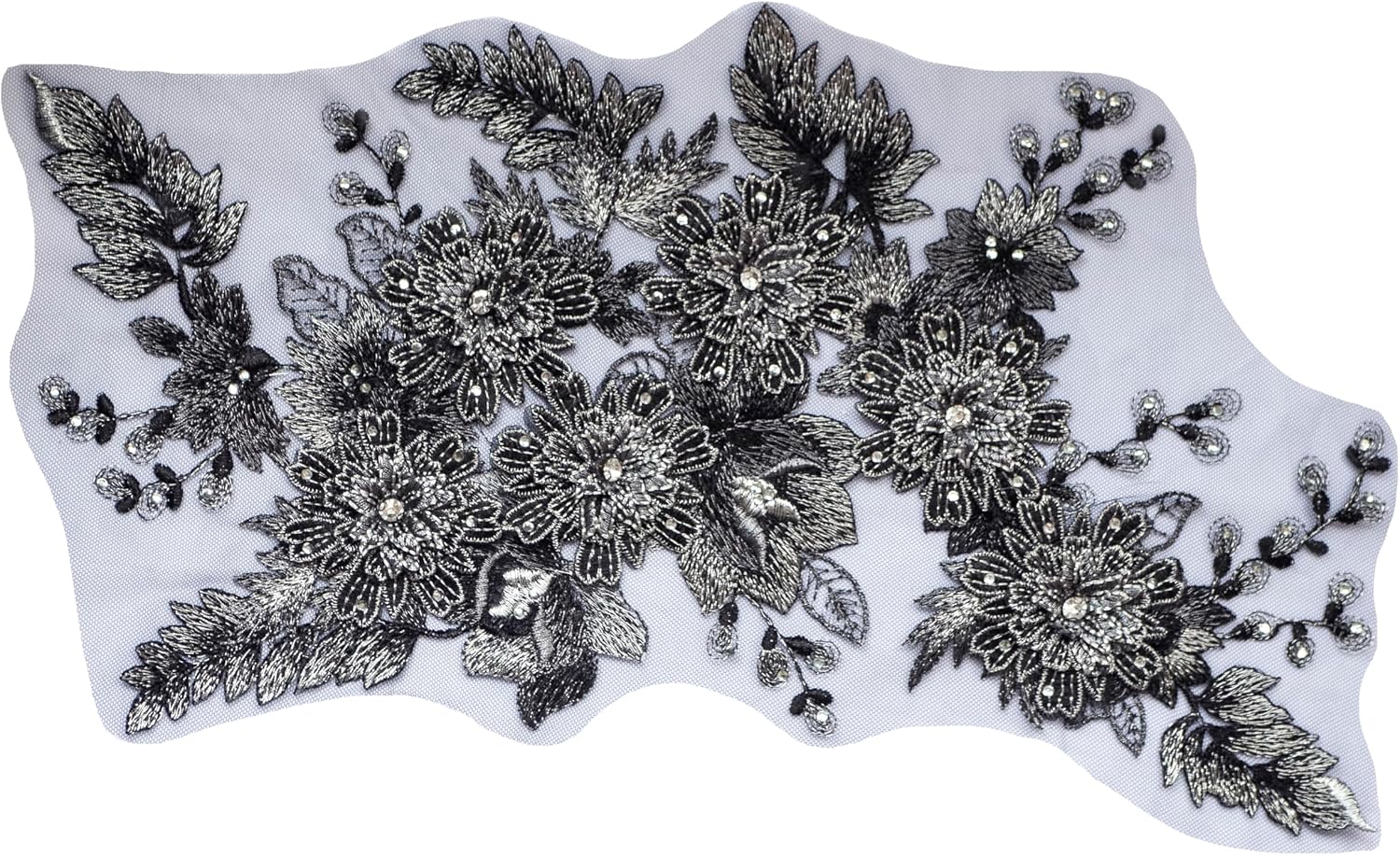 3D Flower Applique, Rhinestones Embroidered Lace Appliques Handmade Patch for Clothes Accessories(Black)
