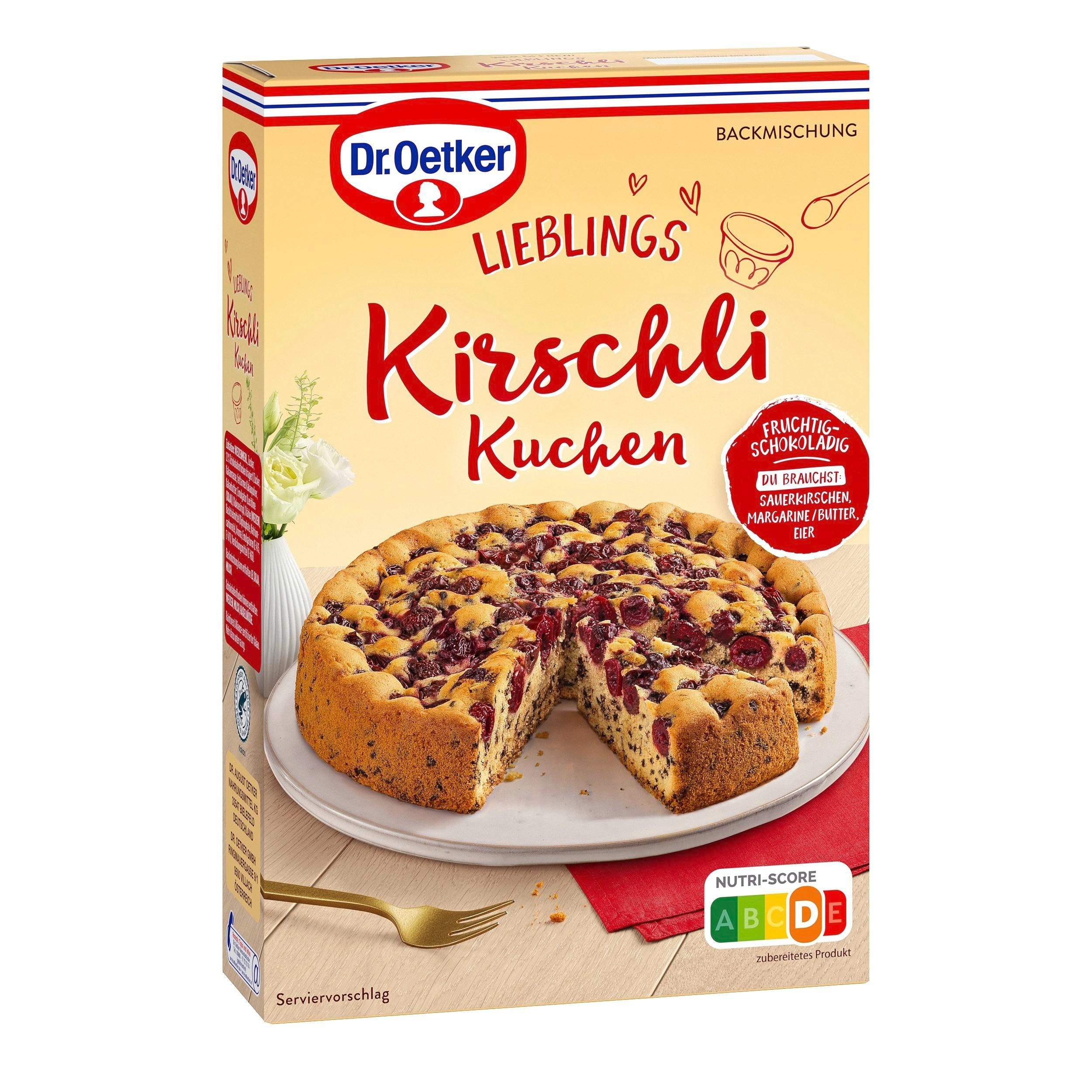 Dr. Oetker Kirschli Kuchen, 8 x 435 g, Backmischung für Rührkuchen mit Kirschen & Schokoladenflocken, fruchtig-schokoladiger Rührkuchen, gelingsicheres Backen